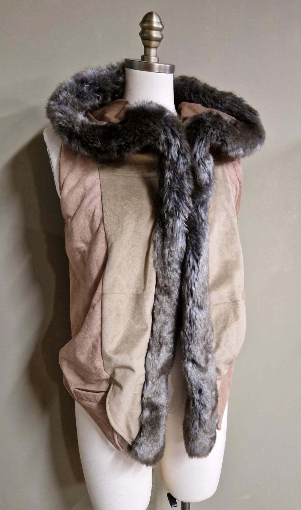 Threads of Creation Upcycled Suede Hooded Vest Faux Fur Trim Handmade Hooded Cape Vest Artisan Layering Piece