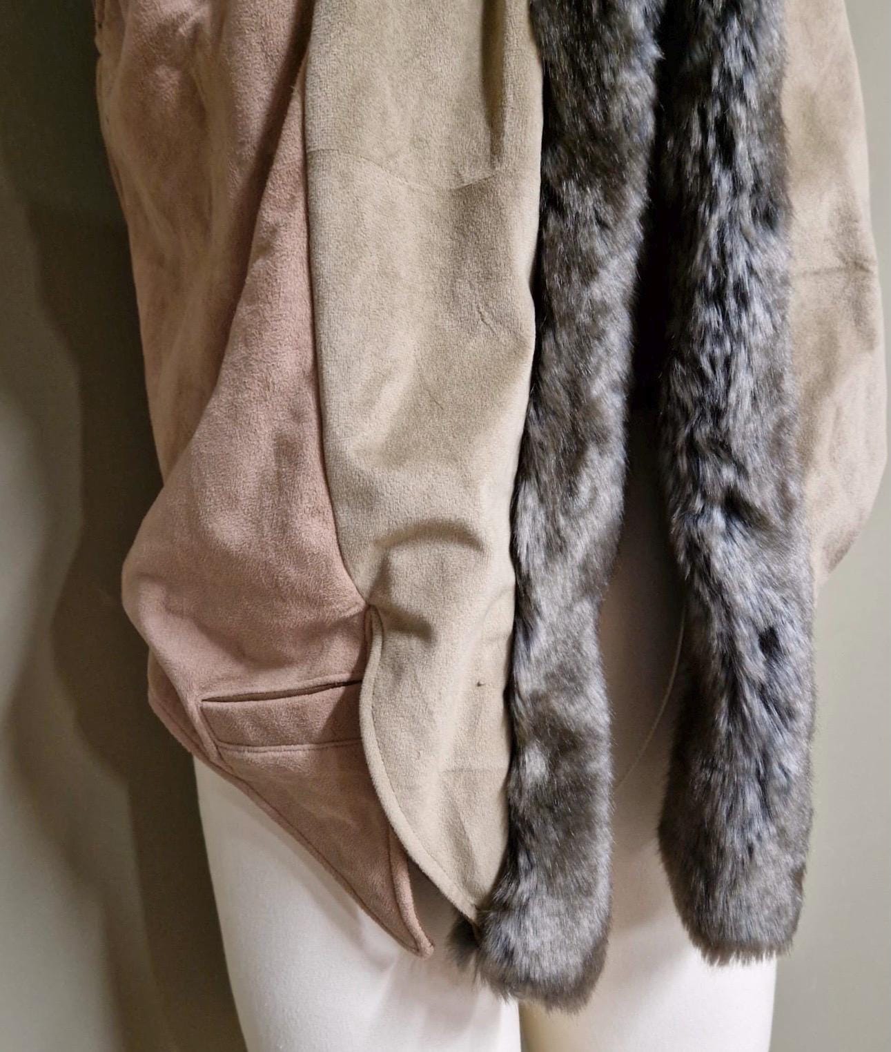 Threads of Creation Upcycled Suede Hooded Vest Faux Fur Trim Handmade Hooded Cape Vest Artisan Layering Piece