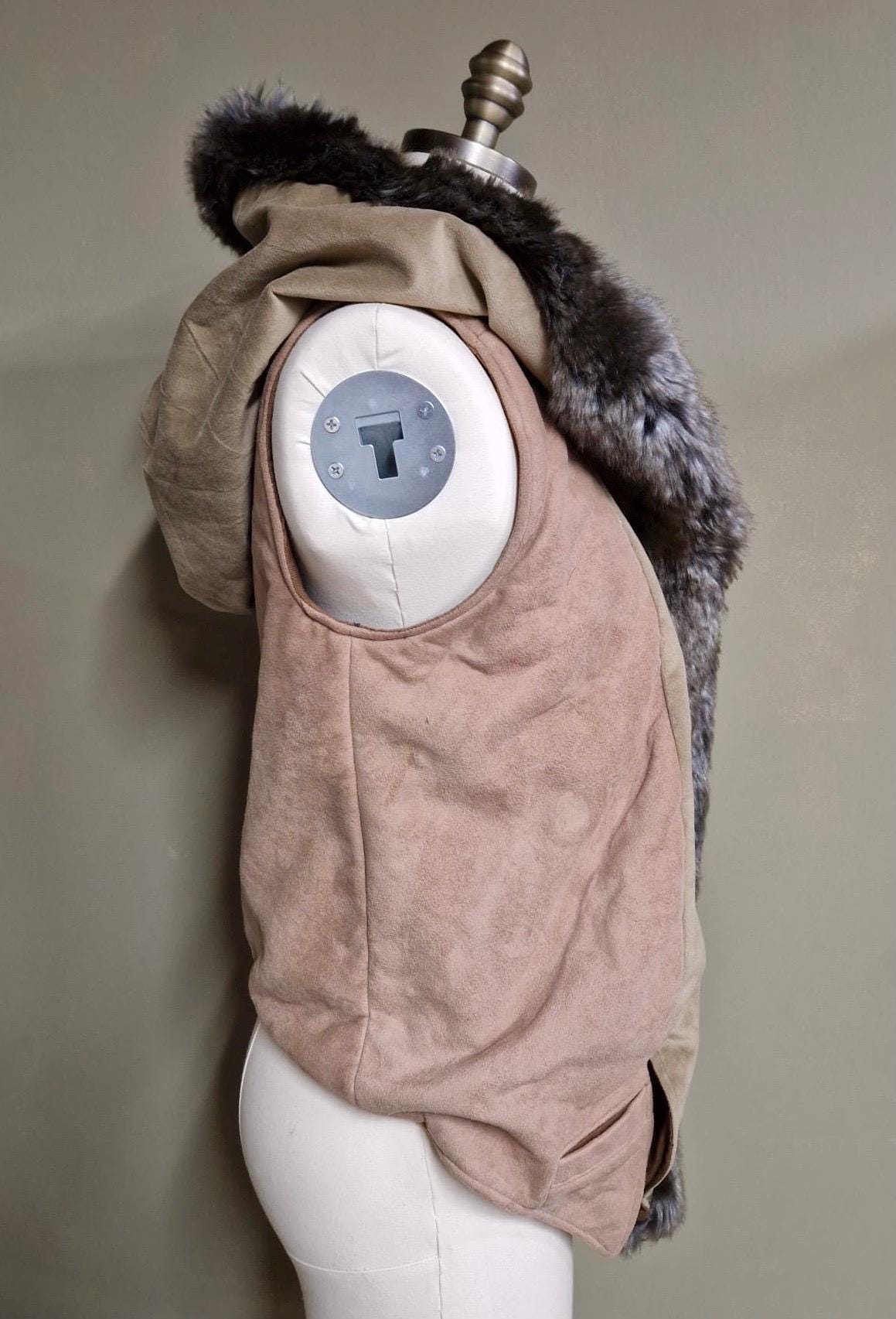 Threads of Creation Upcycled Suede Hooded Vest Faux Fur Trim Handmade Hooded Cape Vest Artisan Layering Piece