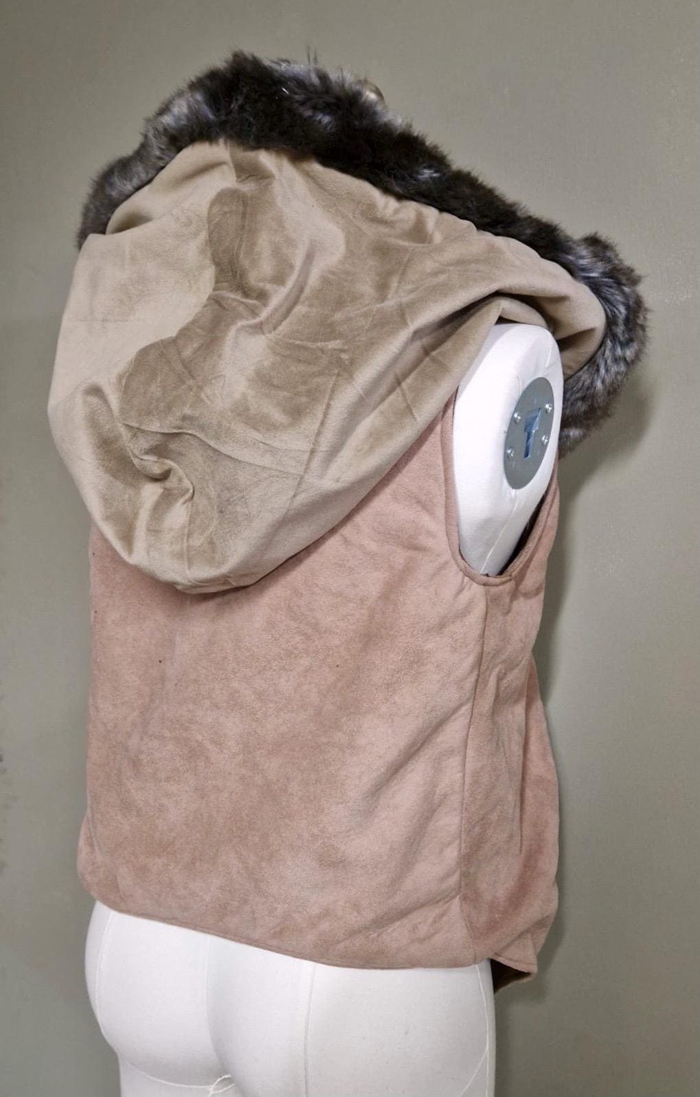 Threads of Creation Upcycled Suede Hooded Vest Faux Fur Trim Handmade Hooded Cape Vest Artisan Layering Piece