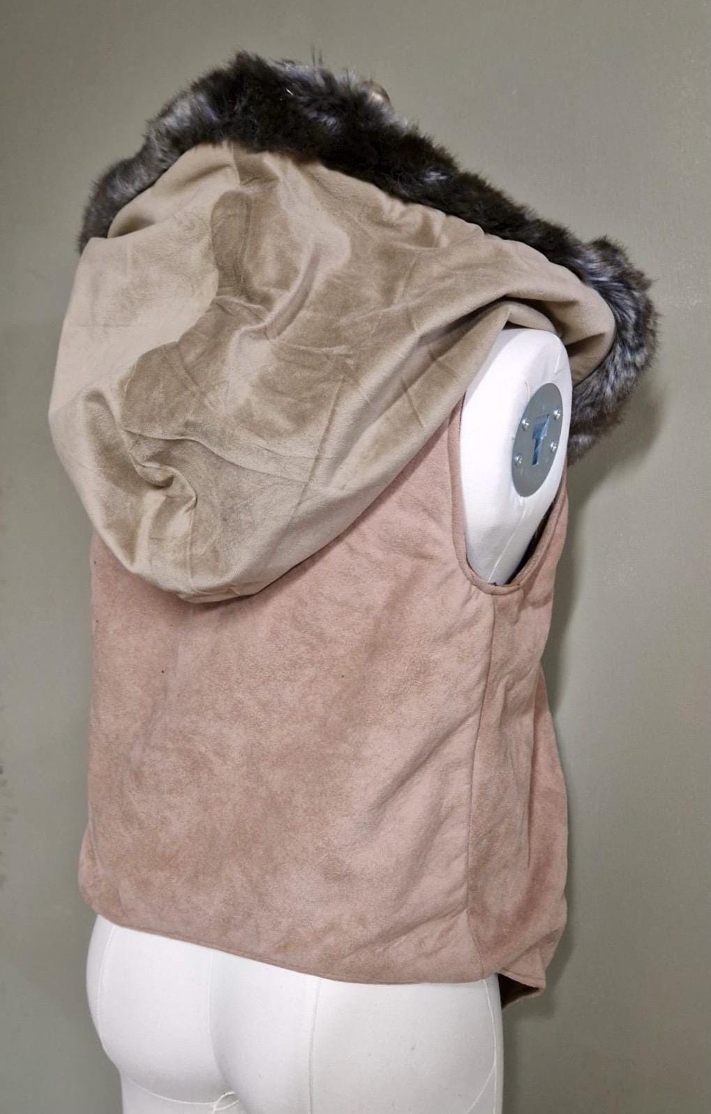 Threads of Creation Upcycled Suede Hooded Vest Faux Fur Trim Handmade Hooded Cape Vest Artisan Layering Piece