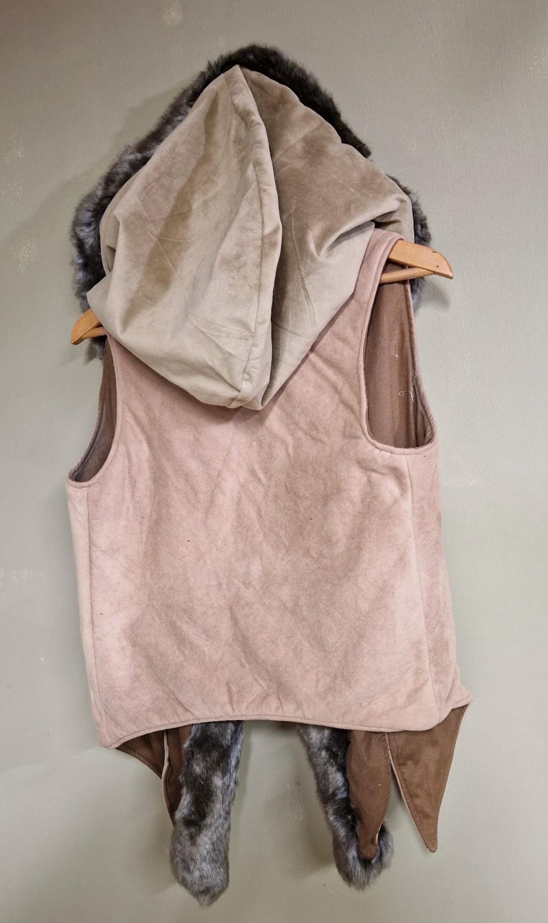 Threads of Creation Upcycled Suede Hooded Vest Faux Fur Trim Handmade Hooded Cape Vest Artisan Layering Piece