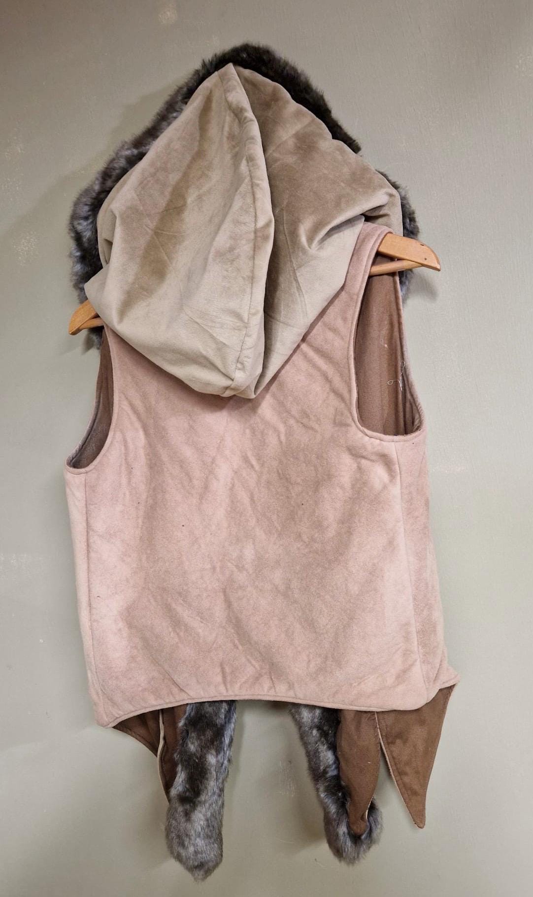 Threads of Creation Upcycled Suede Hooded Vest Faux Fur Trim Handmade Hooded Cape Vest Artisan Layering Piece