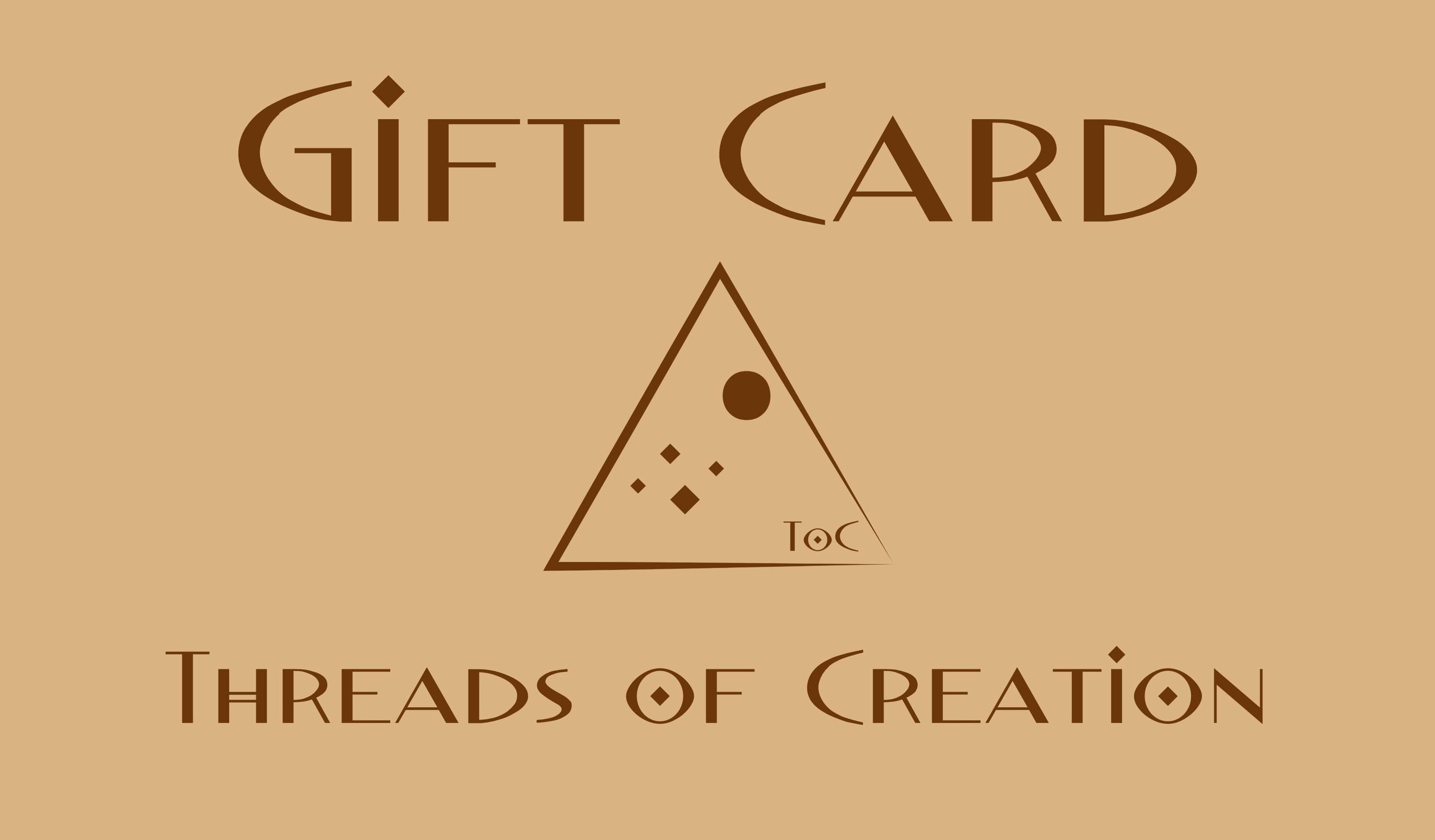 A digital image of a gift card with 'Threads of Creation' branding and a geometric design.