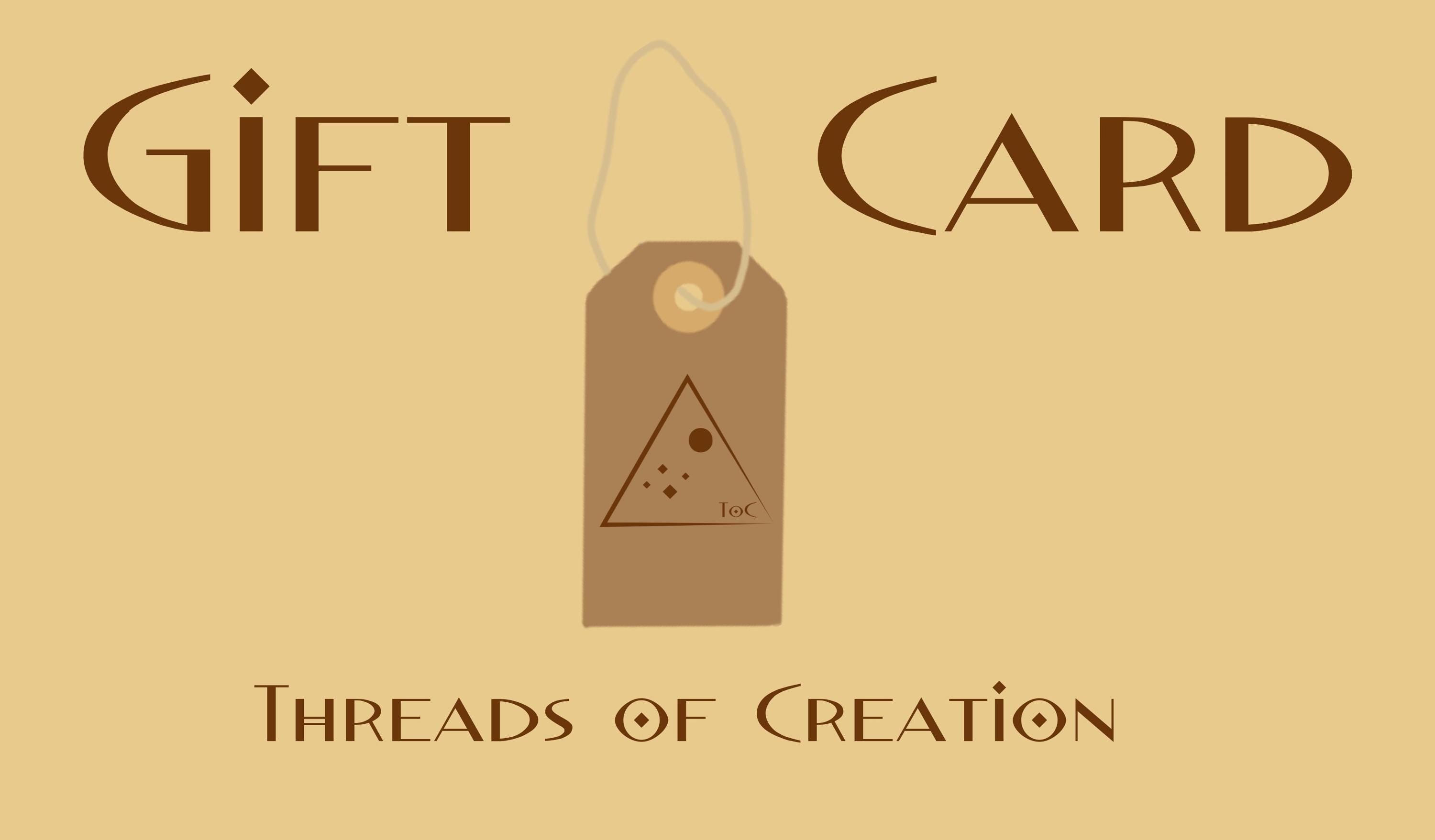 a digital image of a gift card from threads of creation with a hanging tag image