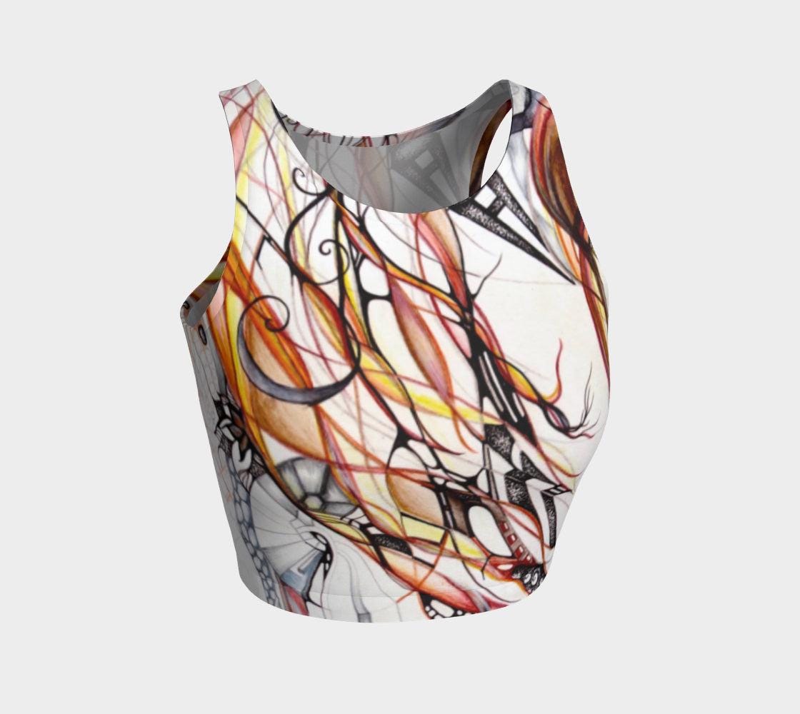 winds of change yoga top - and abstract design of shapes and lines in shades of black and white and red and orange