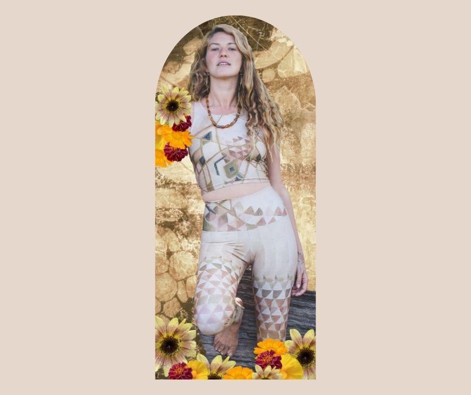peace pipe yoga set in shades of pink and triangles in a floral arch
