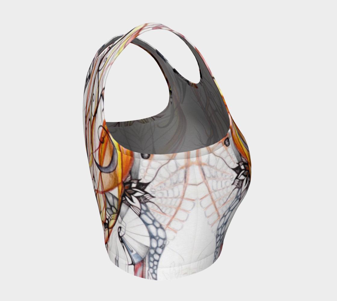 winds of change yoga top - an abstract nautical looking design of lines and shapes in black and white and red and orange