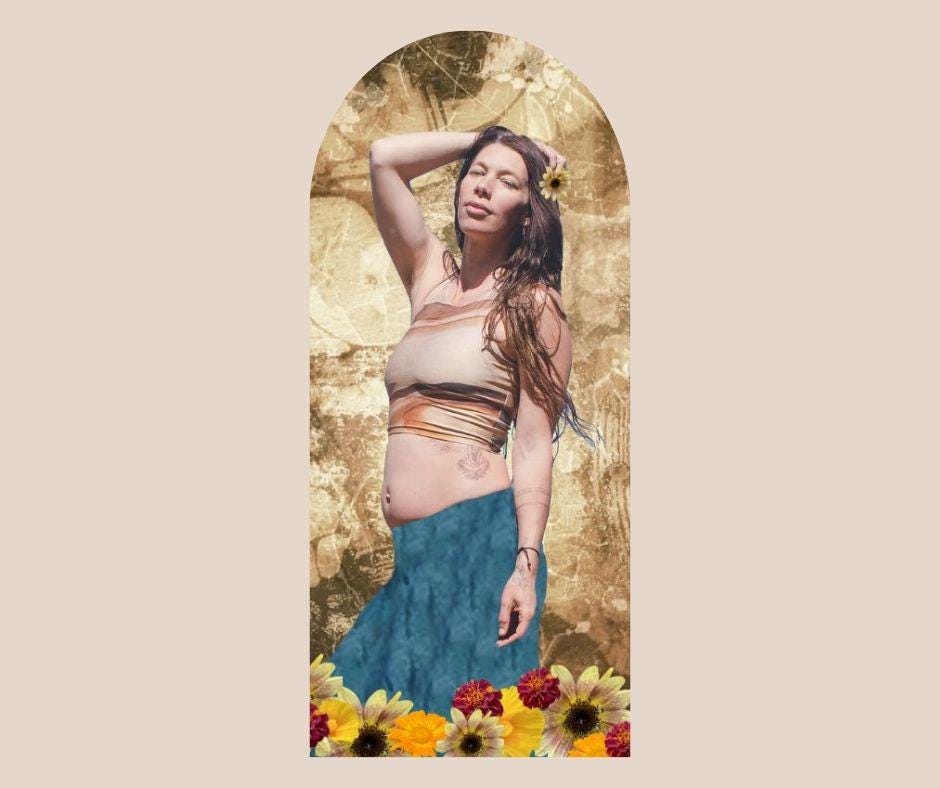 woman wearing Yoga top in shades of brown blue and pink with a natural elemental design on them following the wood grain