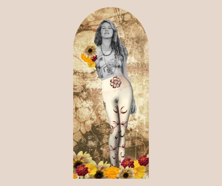 Black and white yoga set with flower and crescent moon design on them