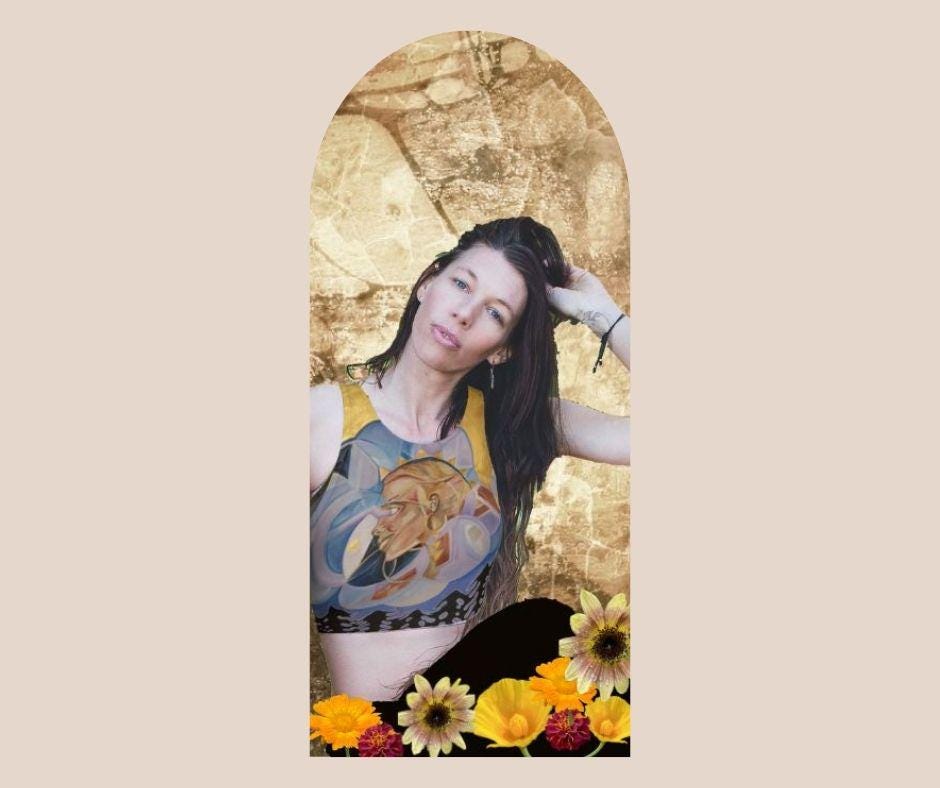 Yoga top in purple and blue hues with profile of a woman face in gold and tan and geometric designs