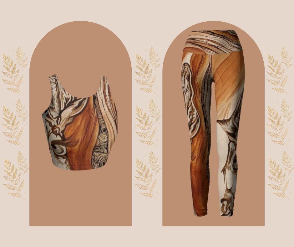 A set of yoga leggings and a yoga top with a floral and tree ring pattern in beige, brown, and black colors.