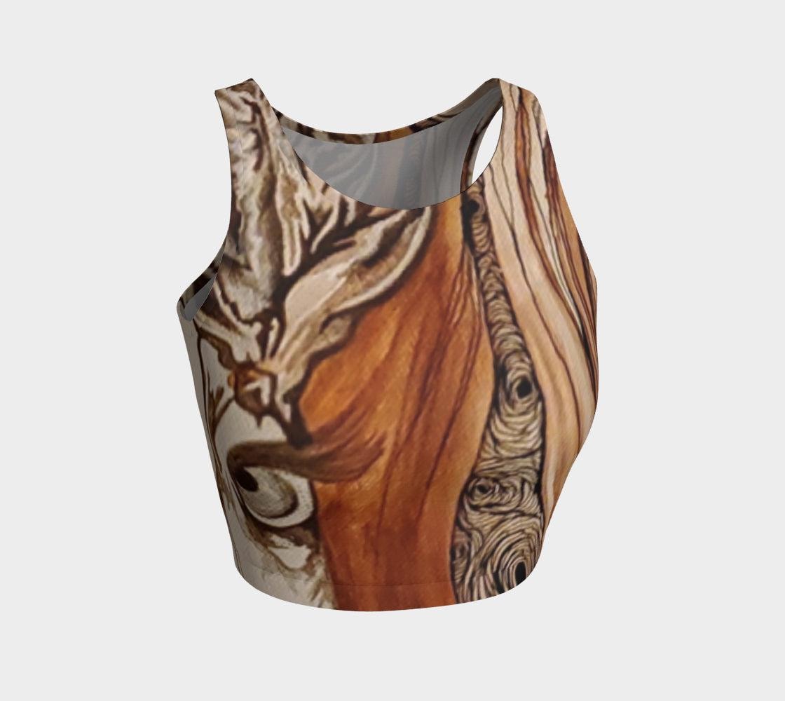 yoga top with a floral and tree ring pattern in beige, brown, and black colors.
