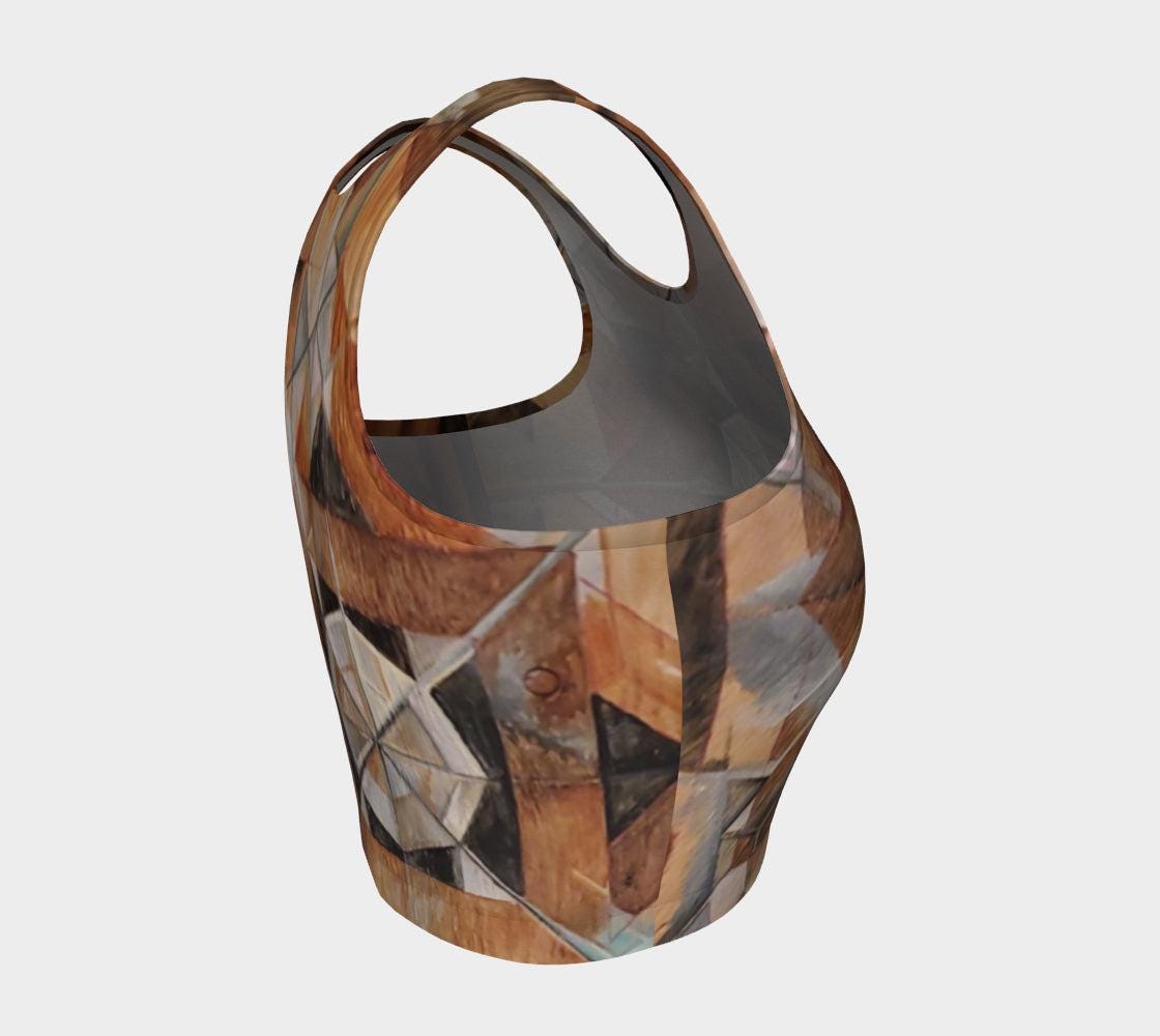 Yoga top with geometric designs in lines and shapes in shades of brown and black and rust and green