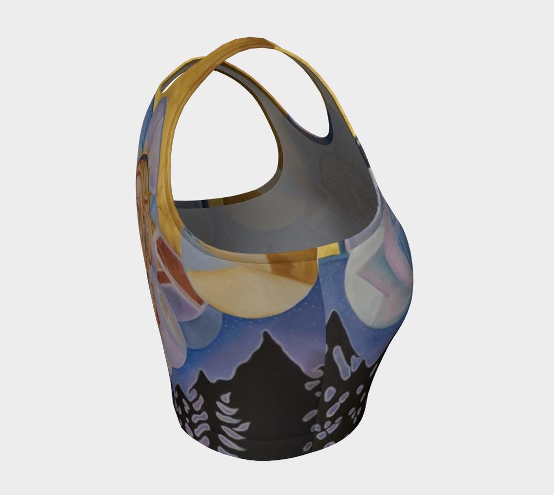 Yoga top in hues of purple and blue with a woman face in shades of gold and beige and geometric patterns