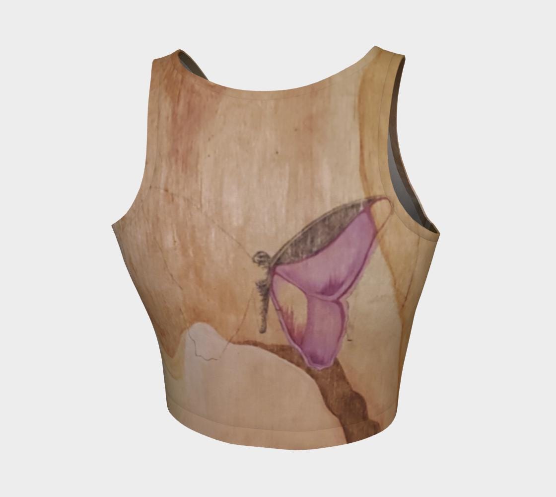 Yoga top with purple butterfly painted on wood grain