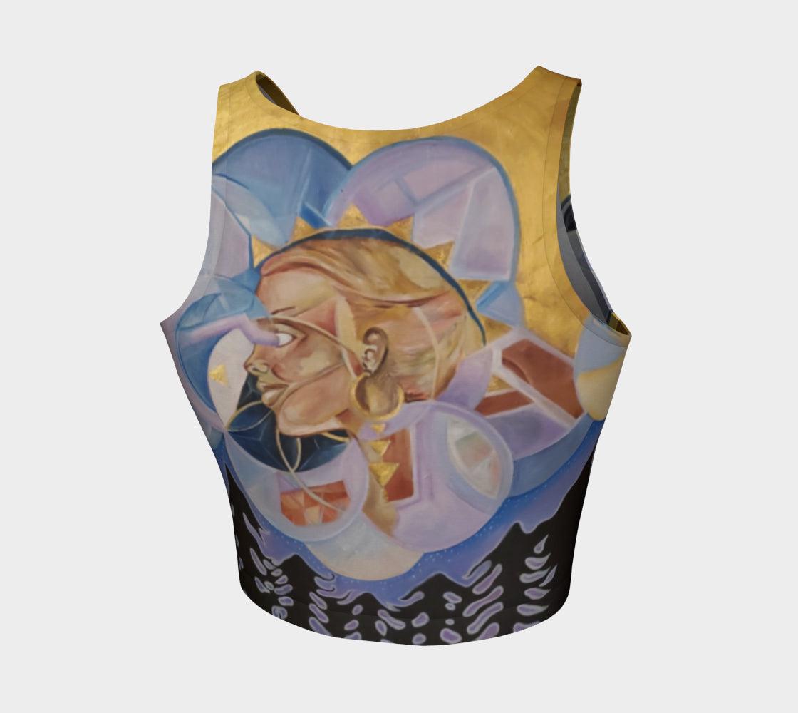 Yoga top in hues of purple and blue with a woman face in shades of gold and beige and geometric patterns