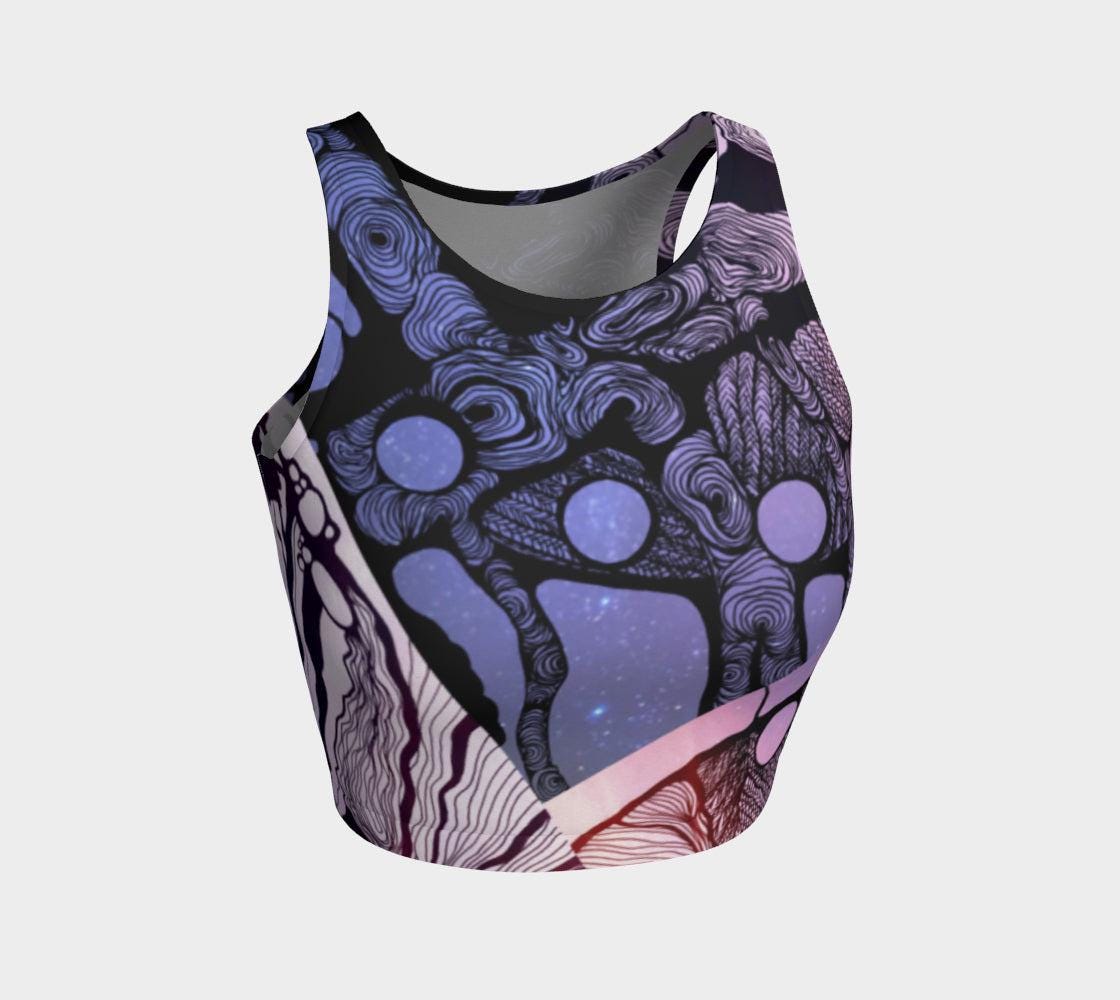 Yoga top in black blue and purple with back Lines and designs in the shape of moons and a woman next to a tree