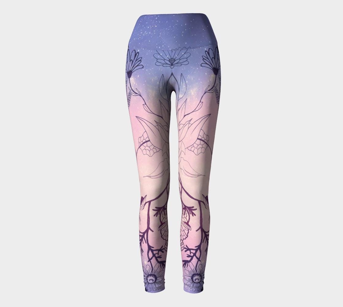 Yoga leggings in shades of pink and lilac with plants designs inline black lines on them