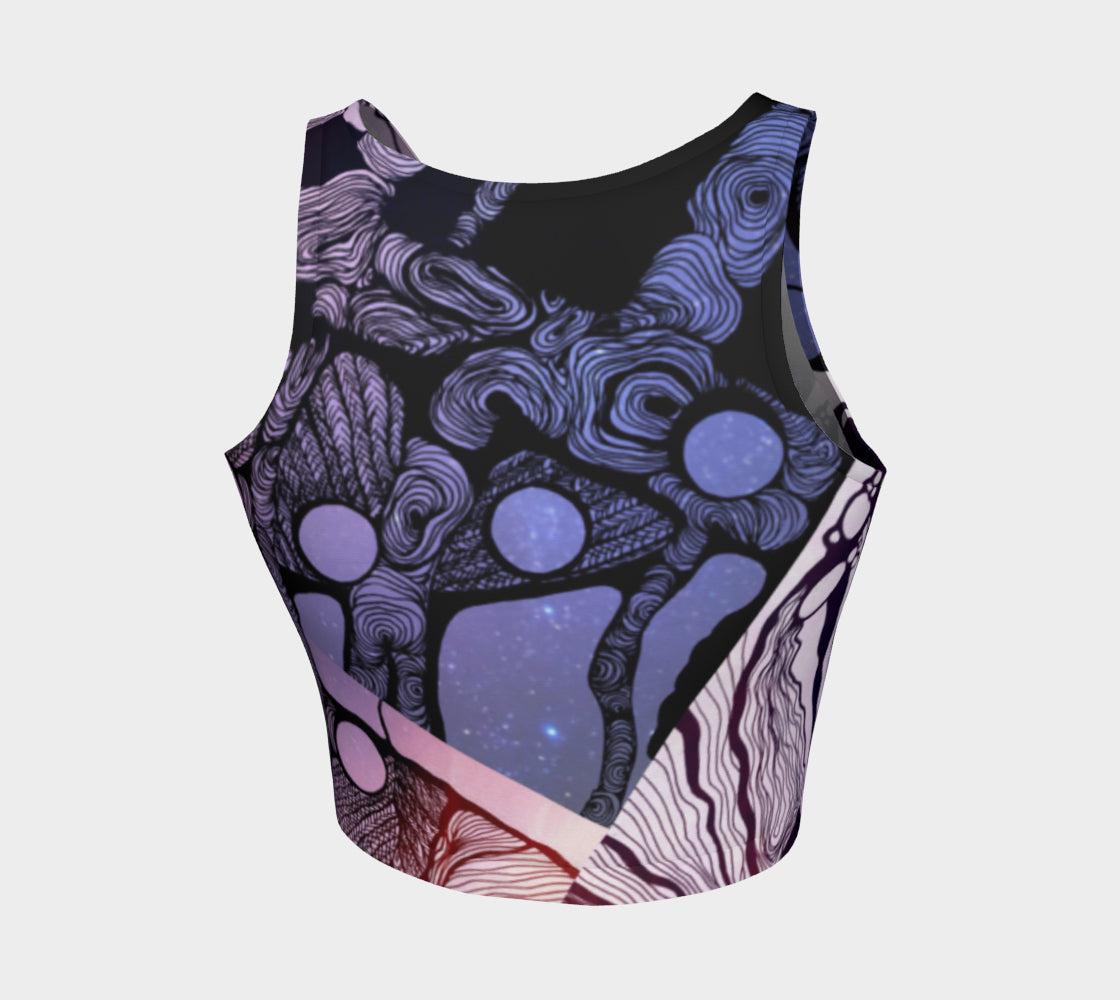 Yoga top in black blue and purple with back Lines and designs in the shape of moons and a woman next to a tree