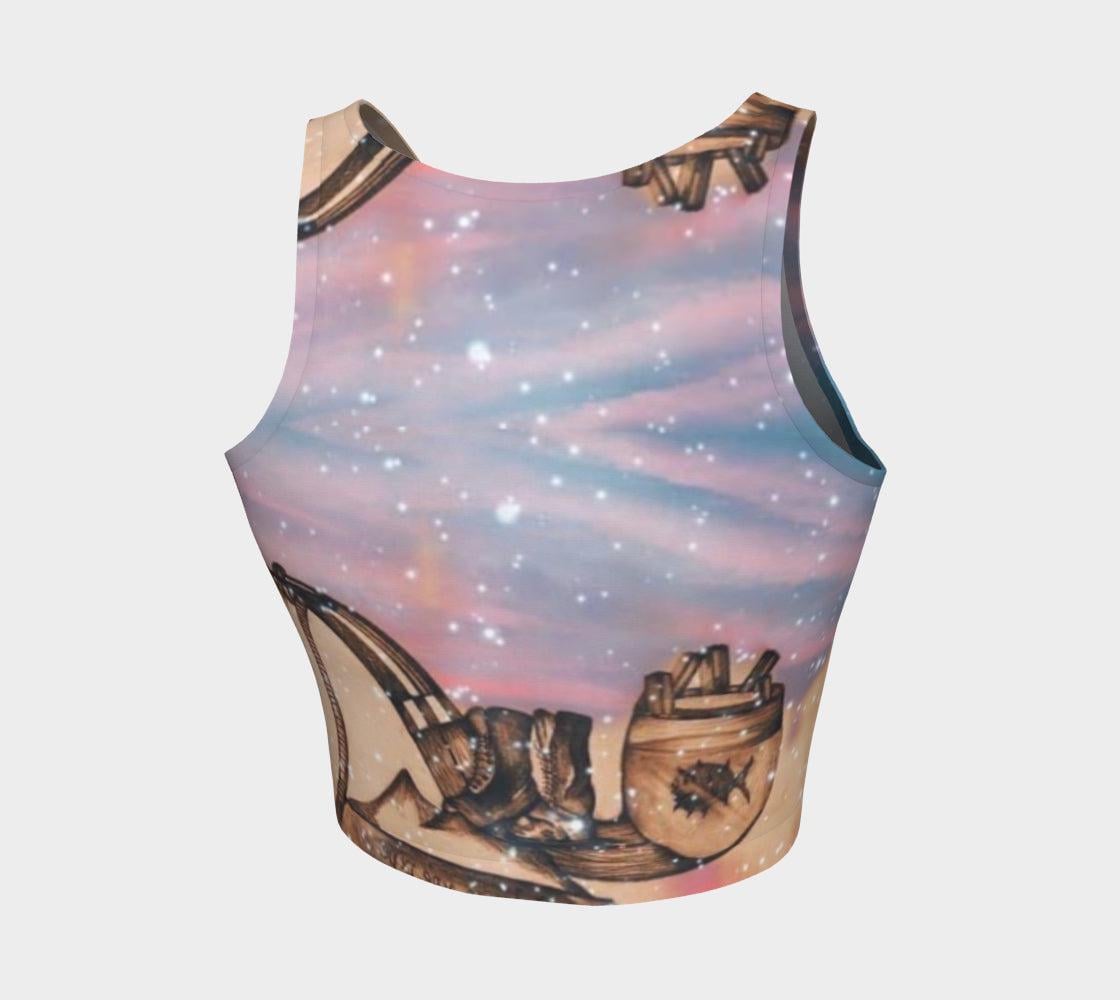 Yoga top in shades of pink and blue with a pencil drawing a little girl and stars flecked on it