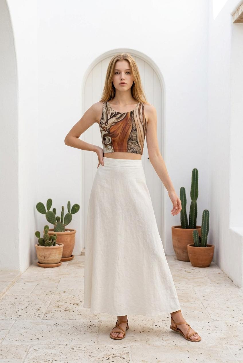 yoga top featuring a nature-inspired geometric pattern with earth tones.