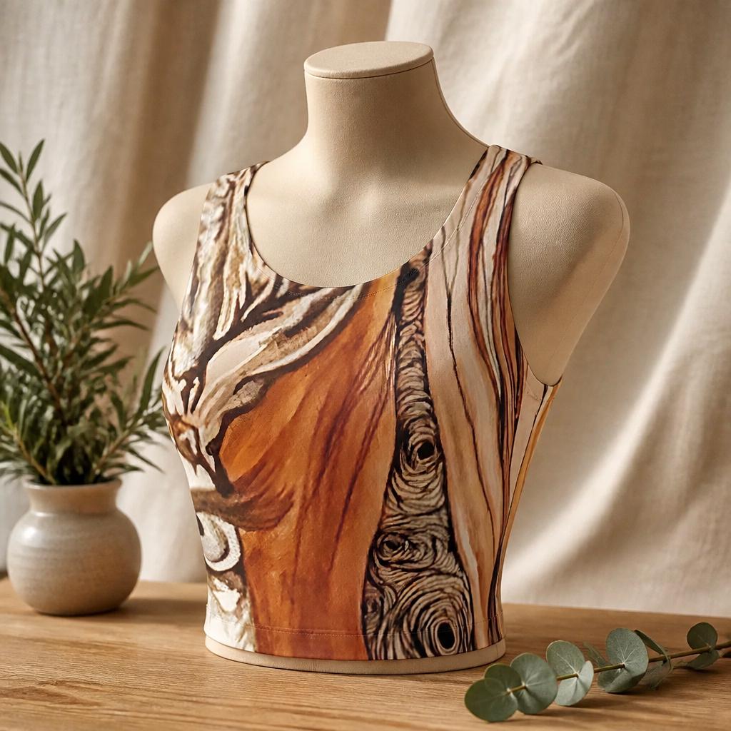 yoga top featuring a nature-inspired geometric pattern with earth tones.