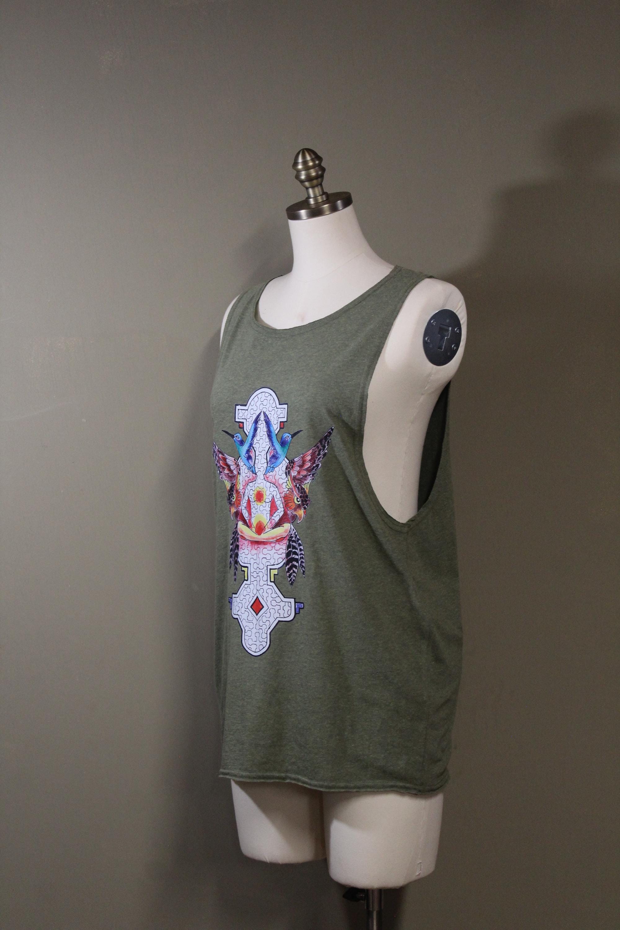 Mens Tank Top in Green with Hummingbird Sacred Geometry Screenprint 100% Cotton Sustainable
