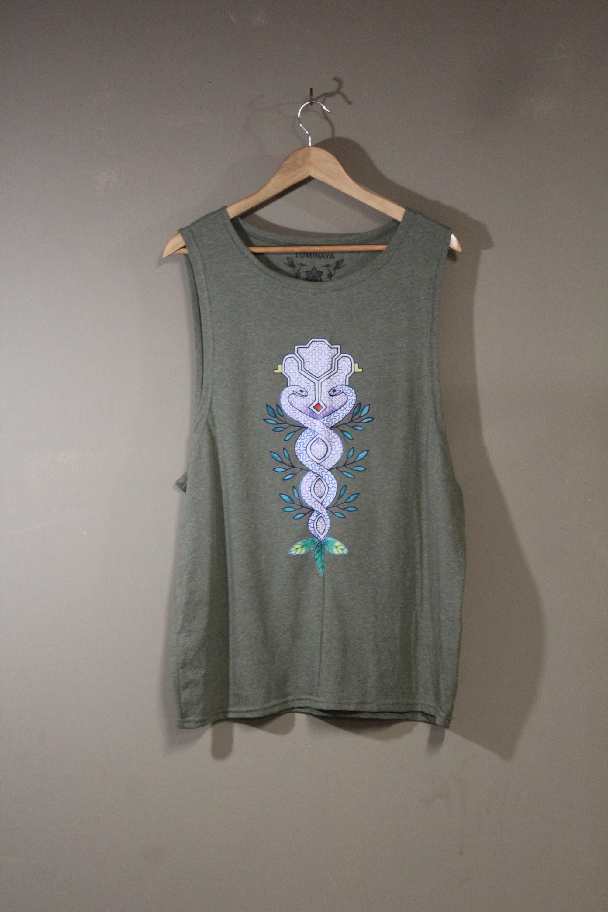 Mens Tank Top in Green with Colored Sacred Serpent Screenprint 100% Cotton Sustainable