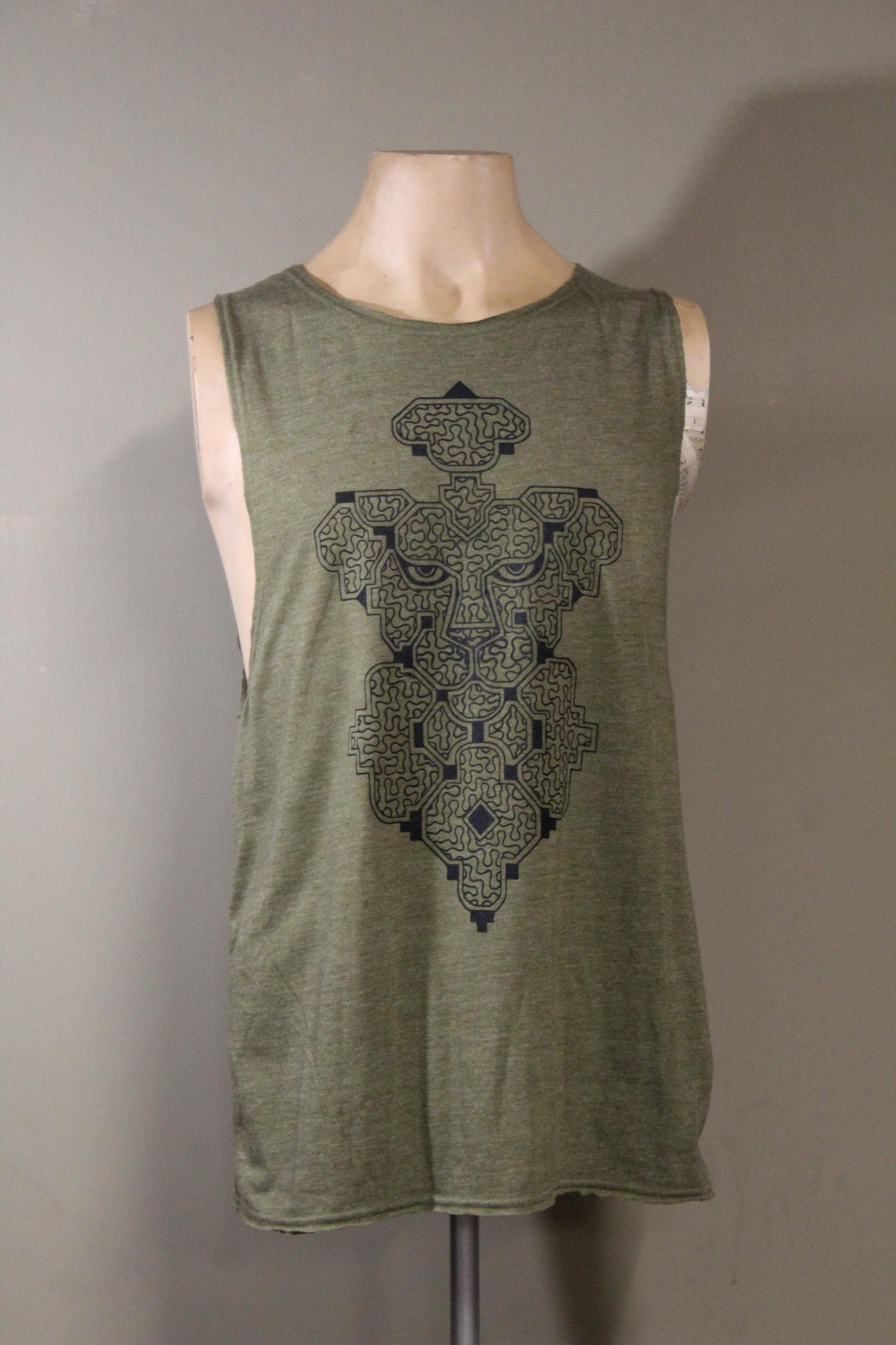 Mens Tank Top in Green with Shipibo Jaguar Screenprint 100% Cotton