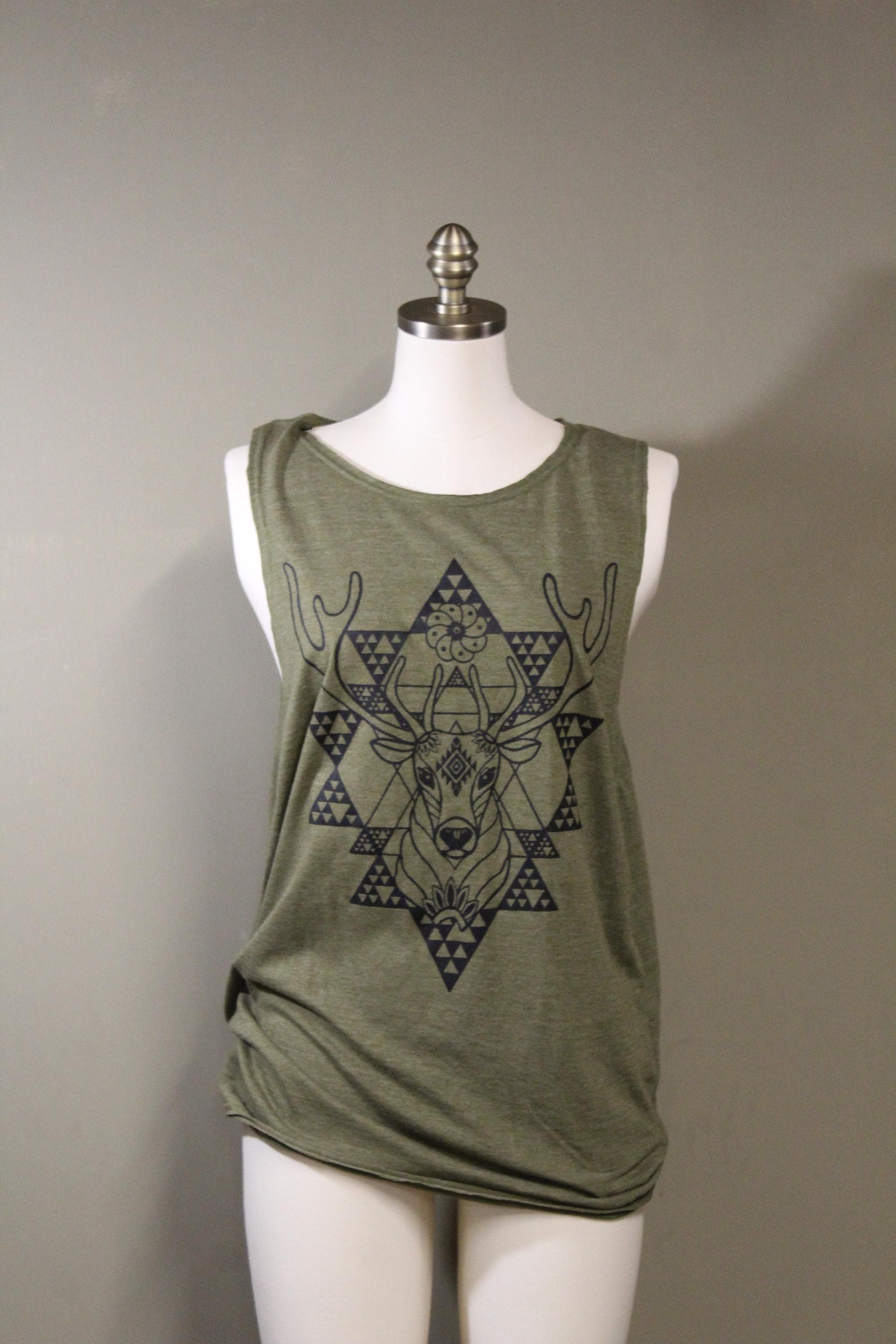 Mens Tank Top in Green with Peyote Stag Screenprint 100% Cotton Boho