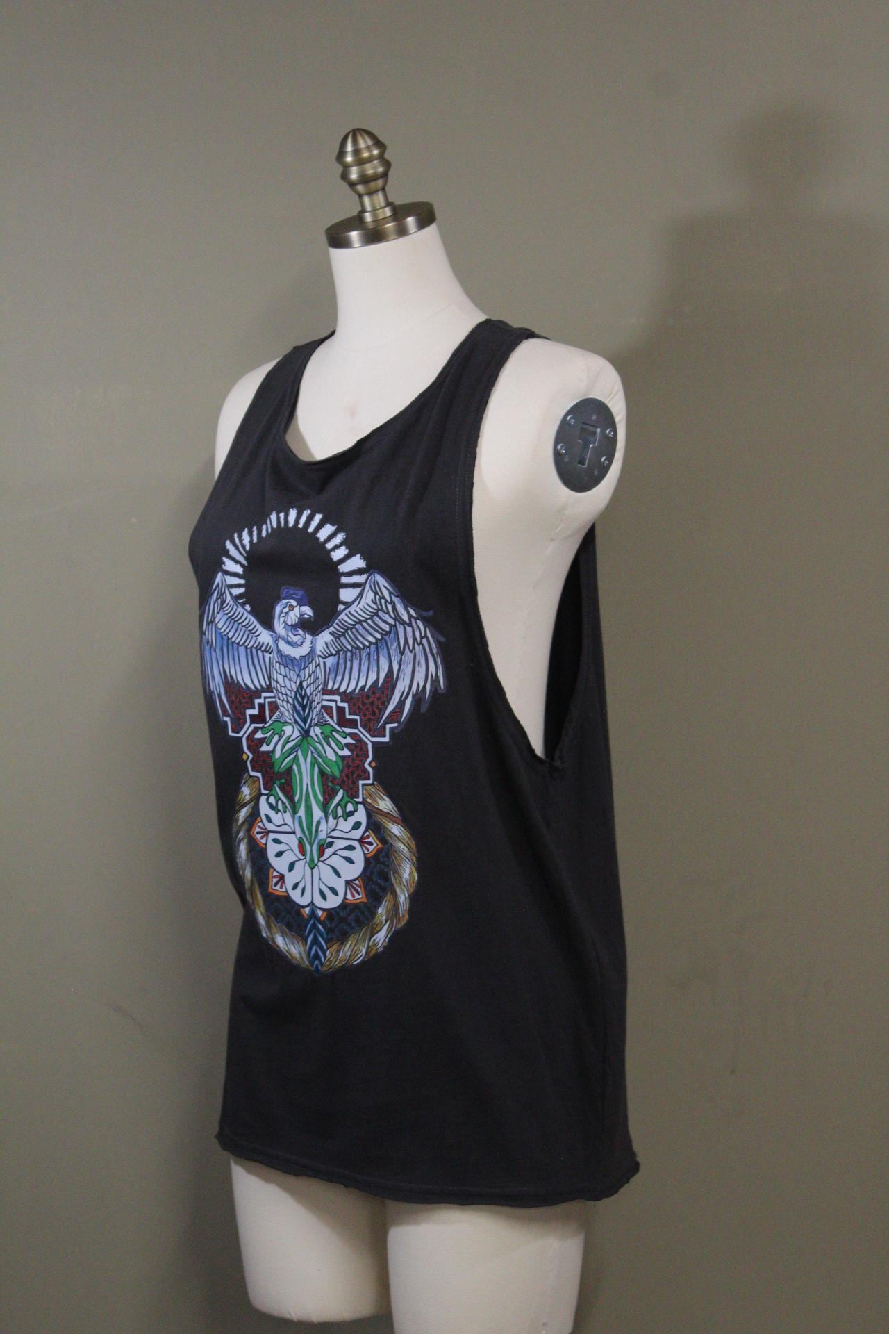 Mens Tank Top in Black with colorful Eagle DTF printed | 100% cotton upcycled fabric sustainable