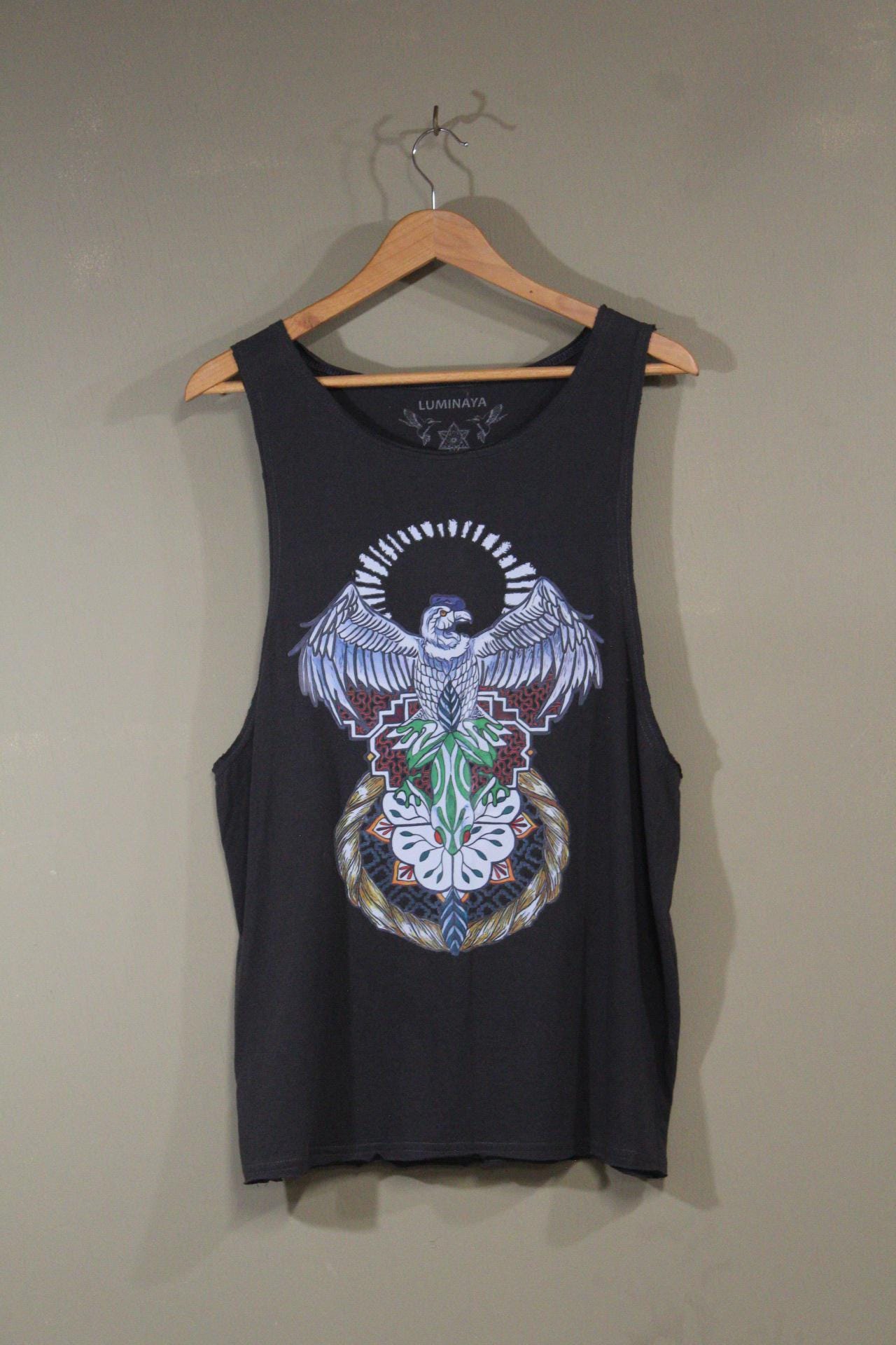 Mens Tank Top in Black with colorful Eagle DTF printed | 100% cotton upcycled fabric sustainable