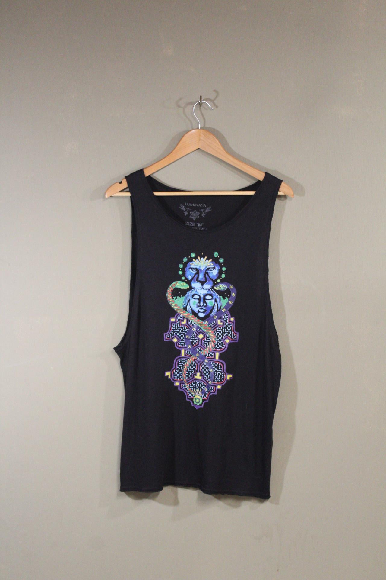 Mens Tank Top in Black with Jaguar Snake Goddess Shirt 100% Cotton Sustainable