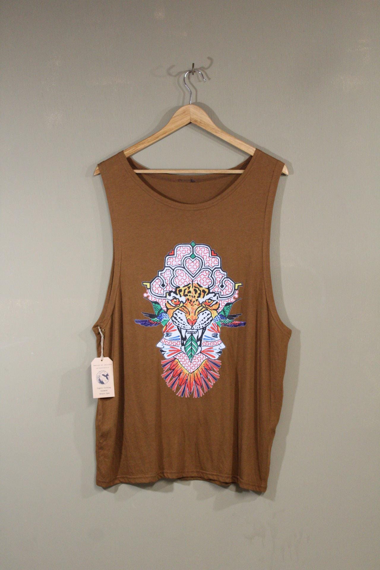 Mens Tank Top in Copper with Leopard Spirit Screenprint 100% Cotton Sustainable