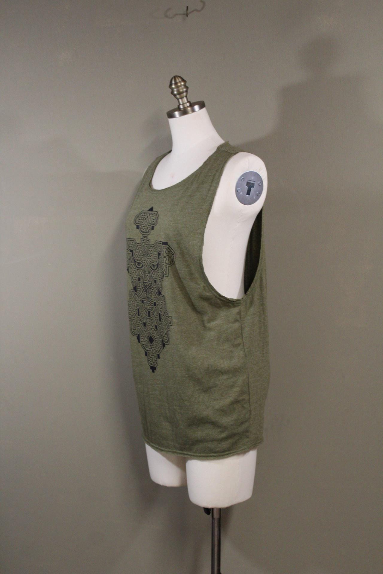 Mens Tank Top in Green with Shipibo Jaguar Screenprint 100% Cotton