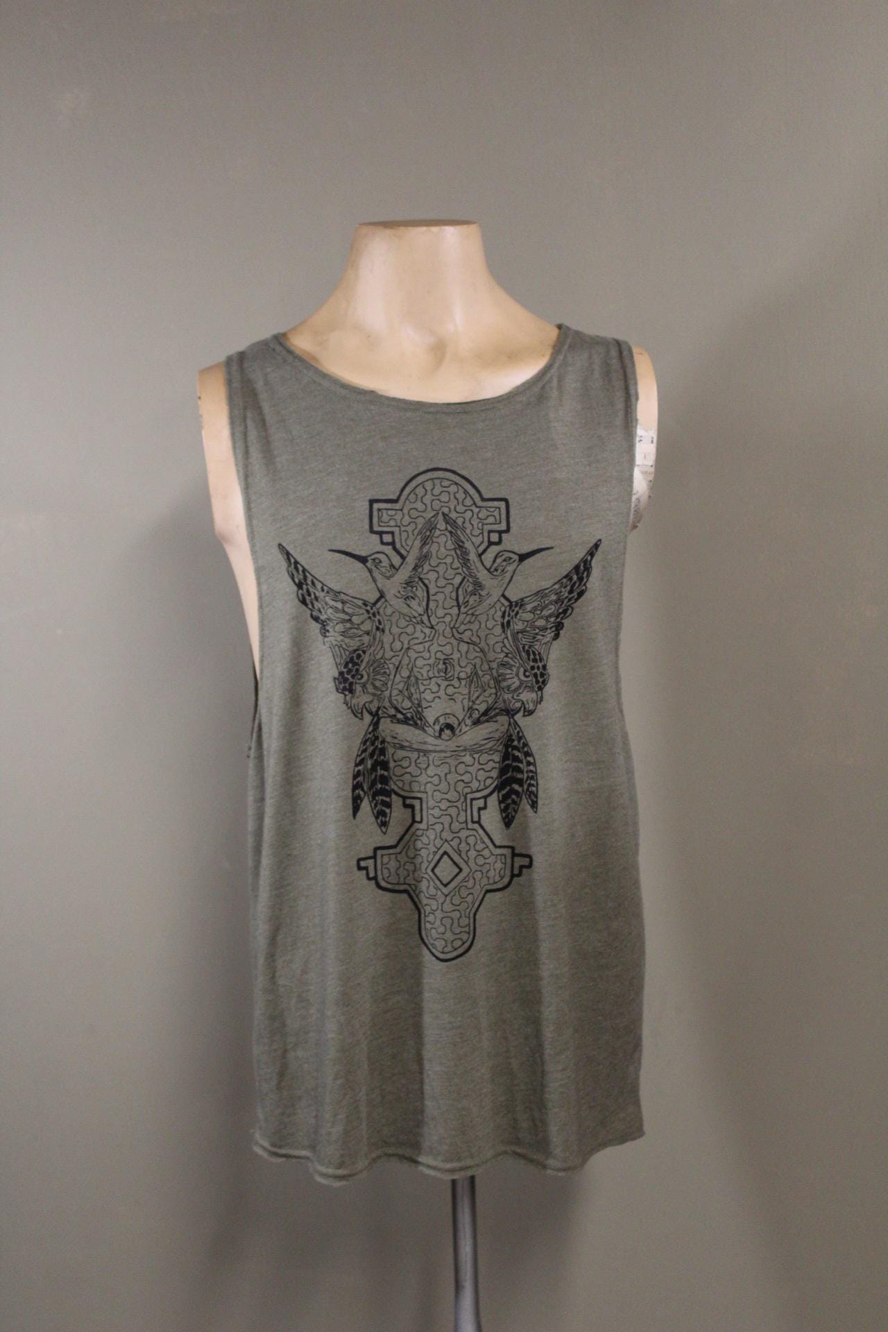 Mens Tank Top in Green with Hummingbird Sacred Geometry Design Green 100% Cotton