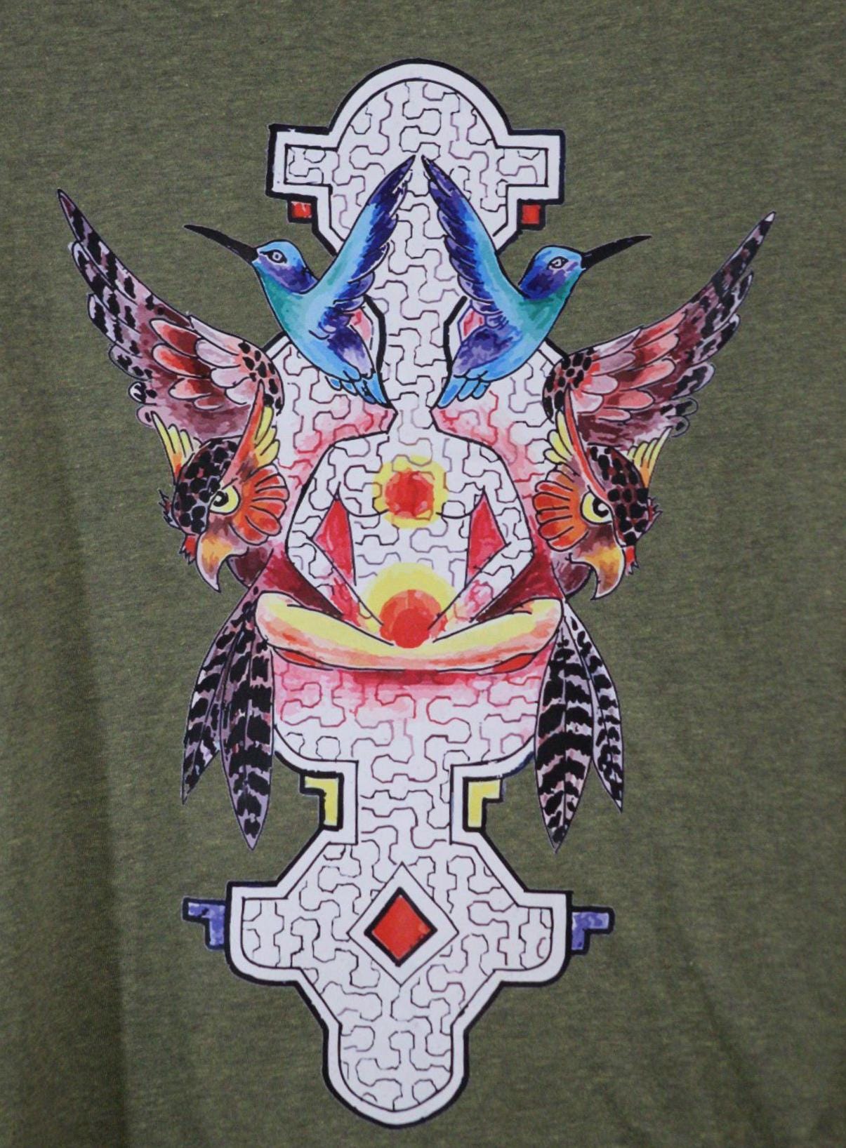 Mens Tank Top in Green with Hummingbird Sacred Geometry Screenprint 100% Cotton Sustainable