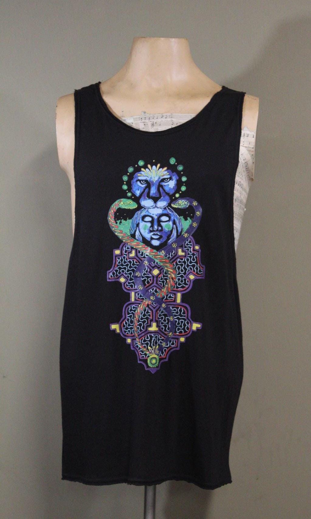 Mens Tank Top in Black with Jaguar Snake Goddess Shirt 100% Cotton Sustainable