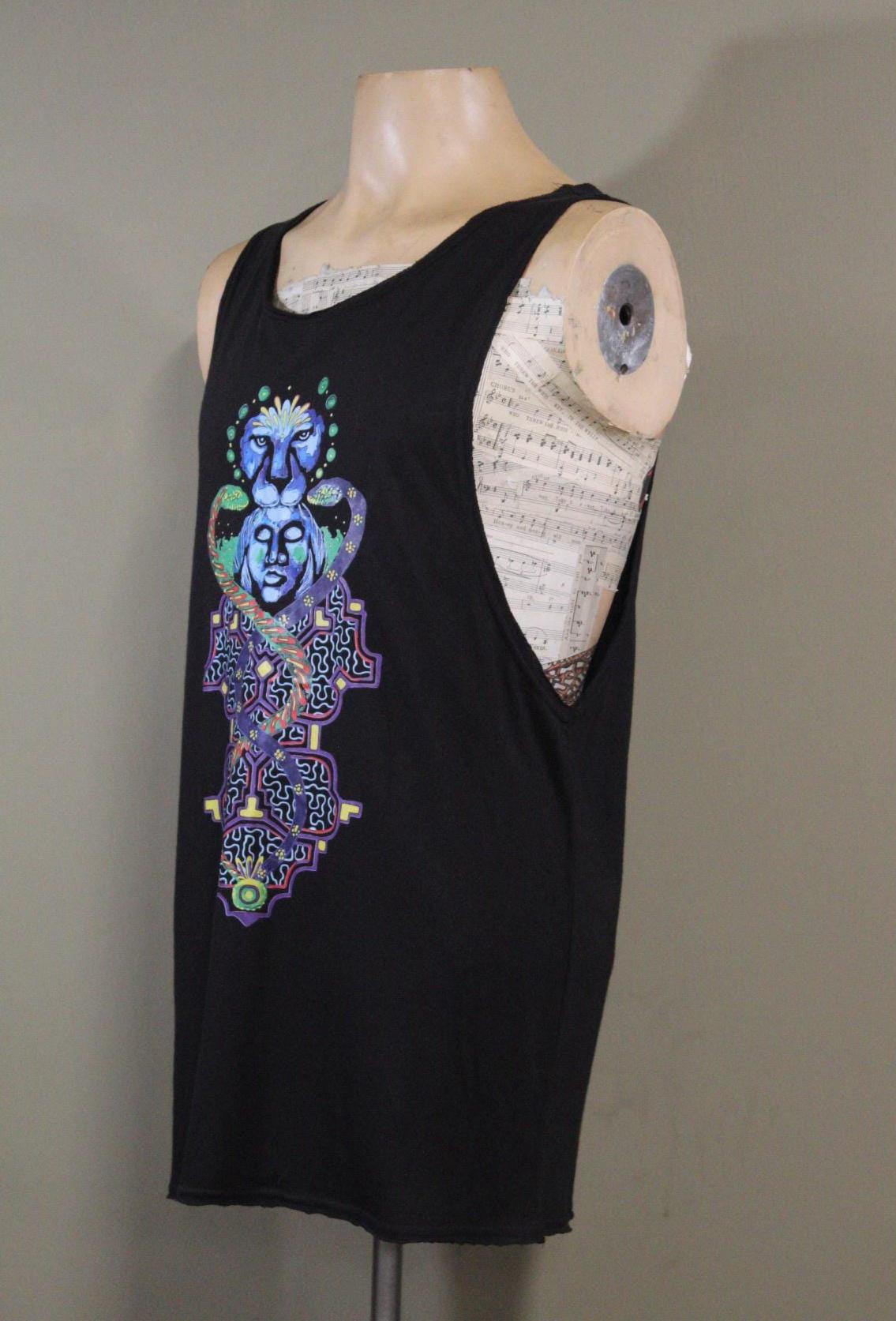 Mens Tank Top in Black with Jaguar Snake Goddess Shirt 100% Cotton Sustainable