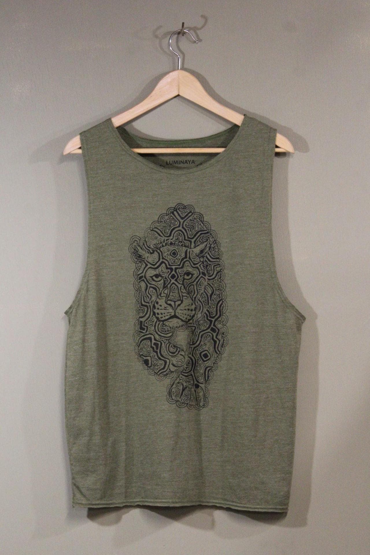 Mens Tank Top in Green with Psychedelic Jaguar Screenprint 100% Cotton Sustainable