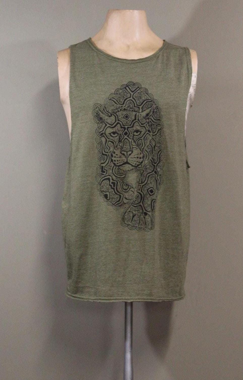 Mens Tank Top in Green with Psychedelic Jaguar Screenprint 100% Cotton Sustainable