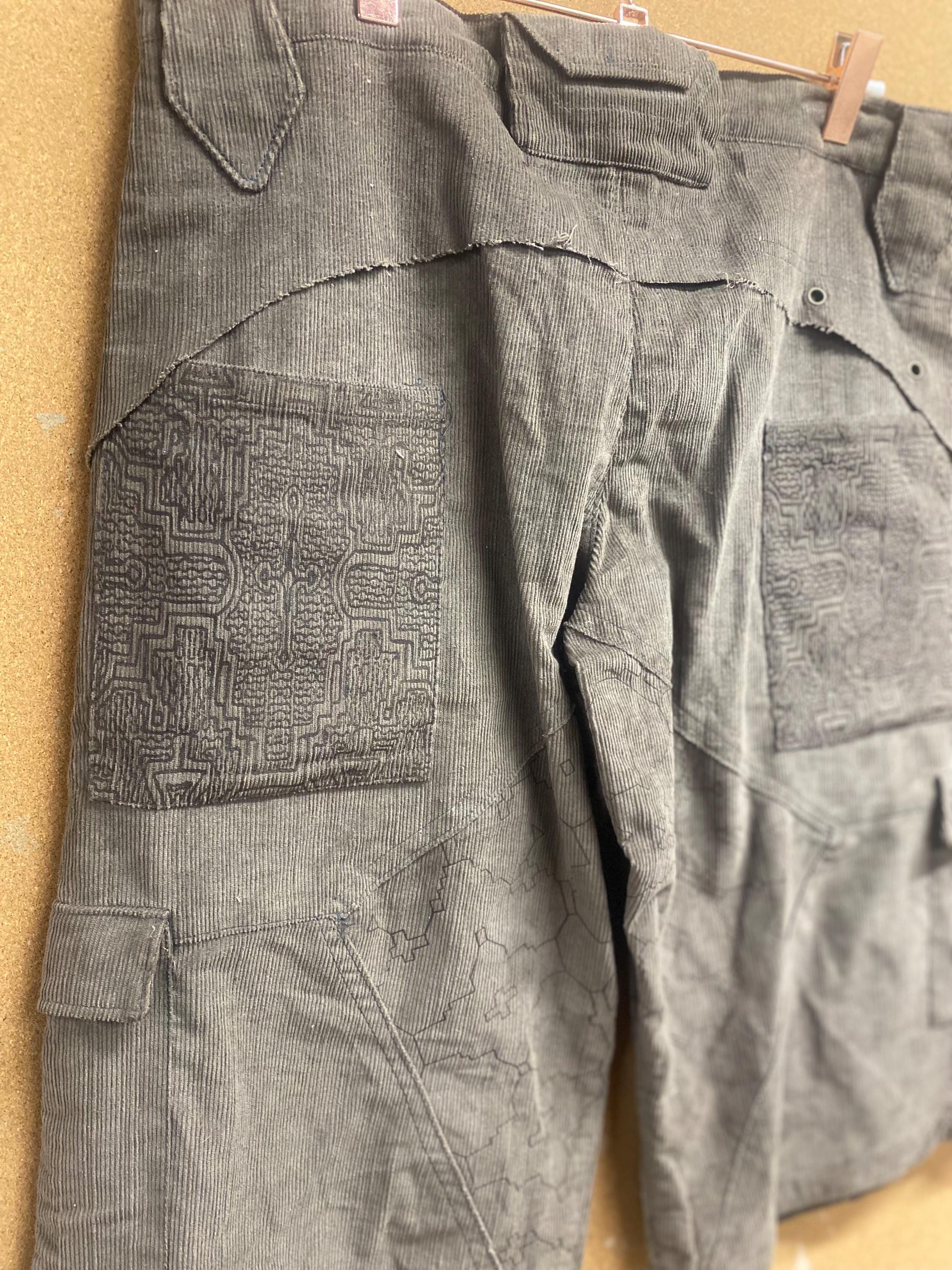 Mens Upcycled Corduroy Shorts with Shipibo Print in Grey Size L OOAK