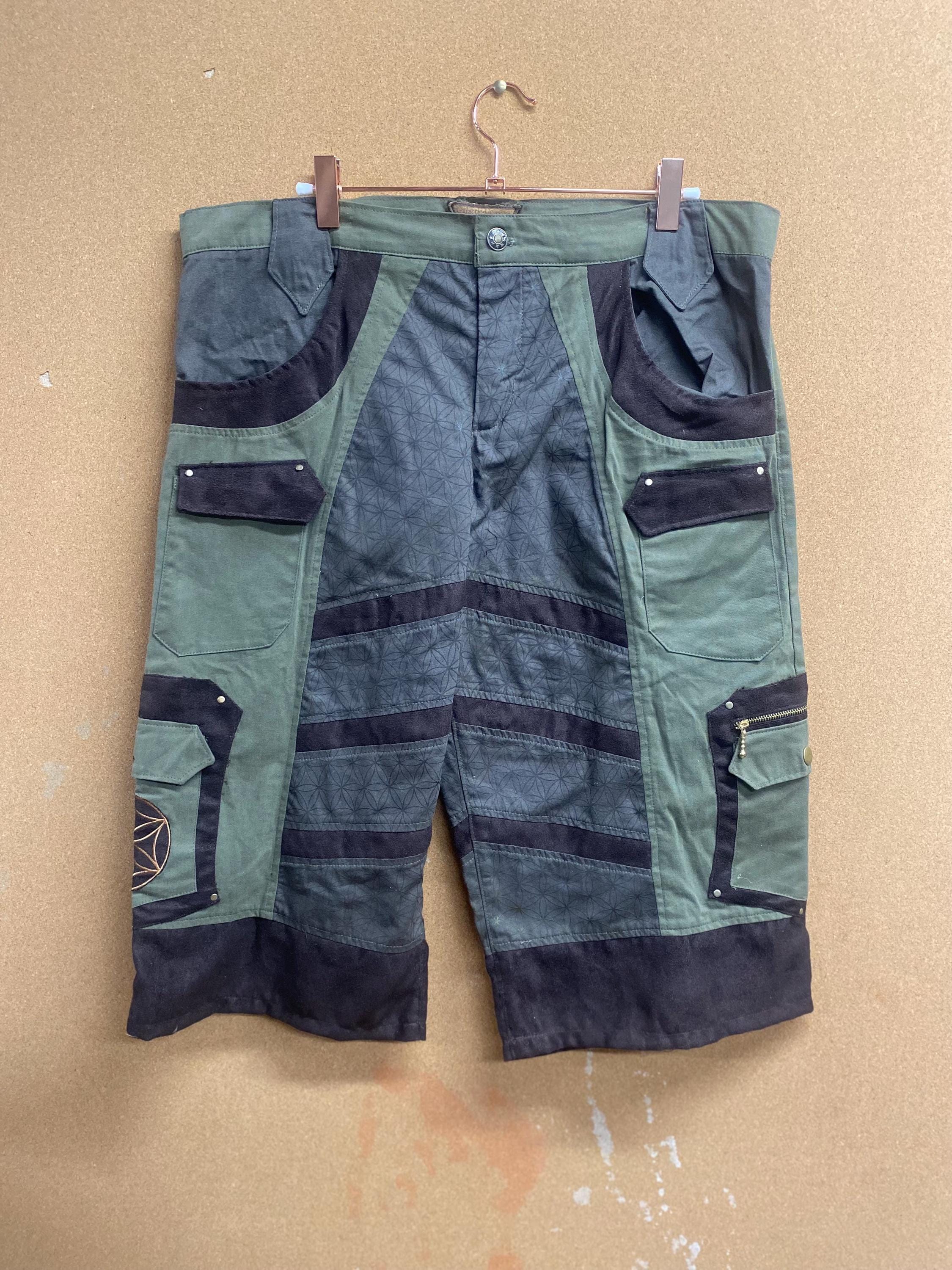 Mens Upcycled Cotton Shorts with Flower of Life in Brown and Green Size L and XL OOAK