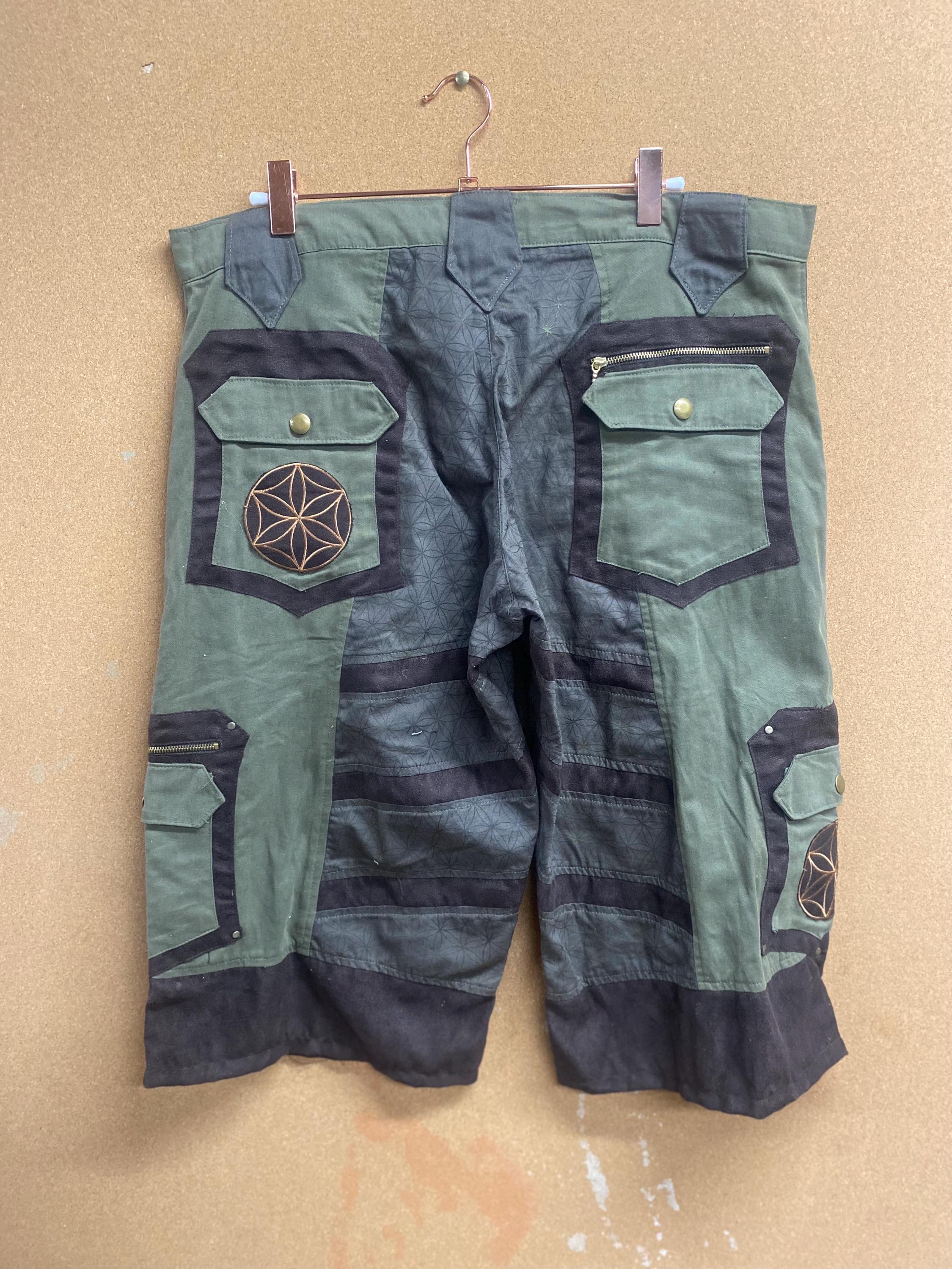 Mens Upcycled Cotton Shorts with Flower of Life in Brown and Green Size L and XL OOAK