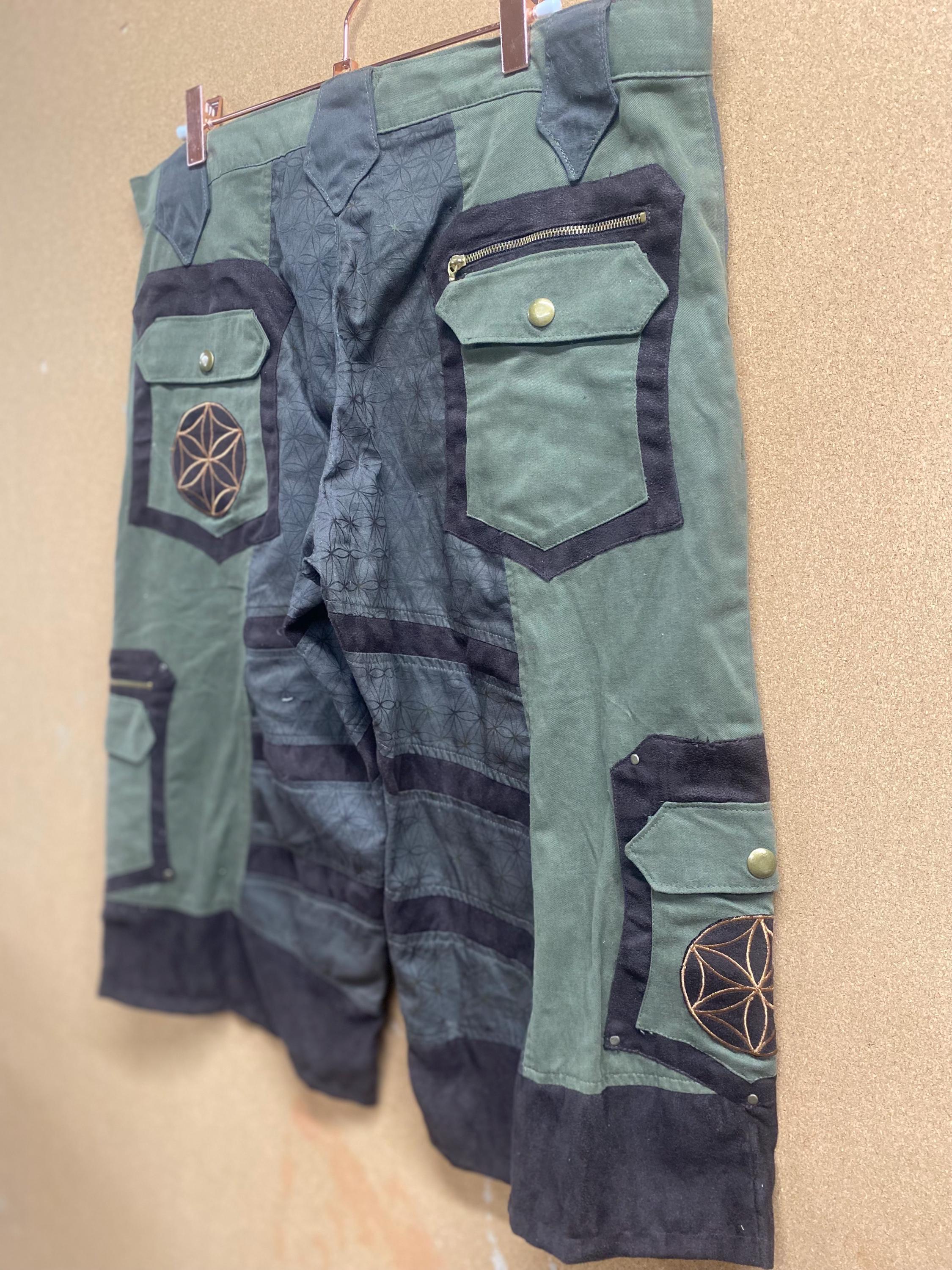 Mens Upcycled Cotton Shorts with Flower of Life in Brown and Green Size L and XL OOAK