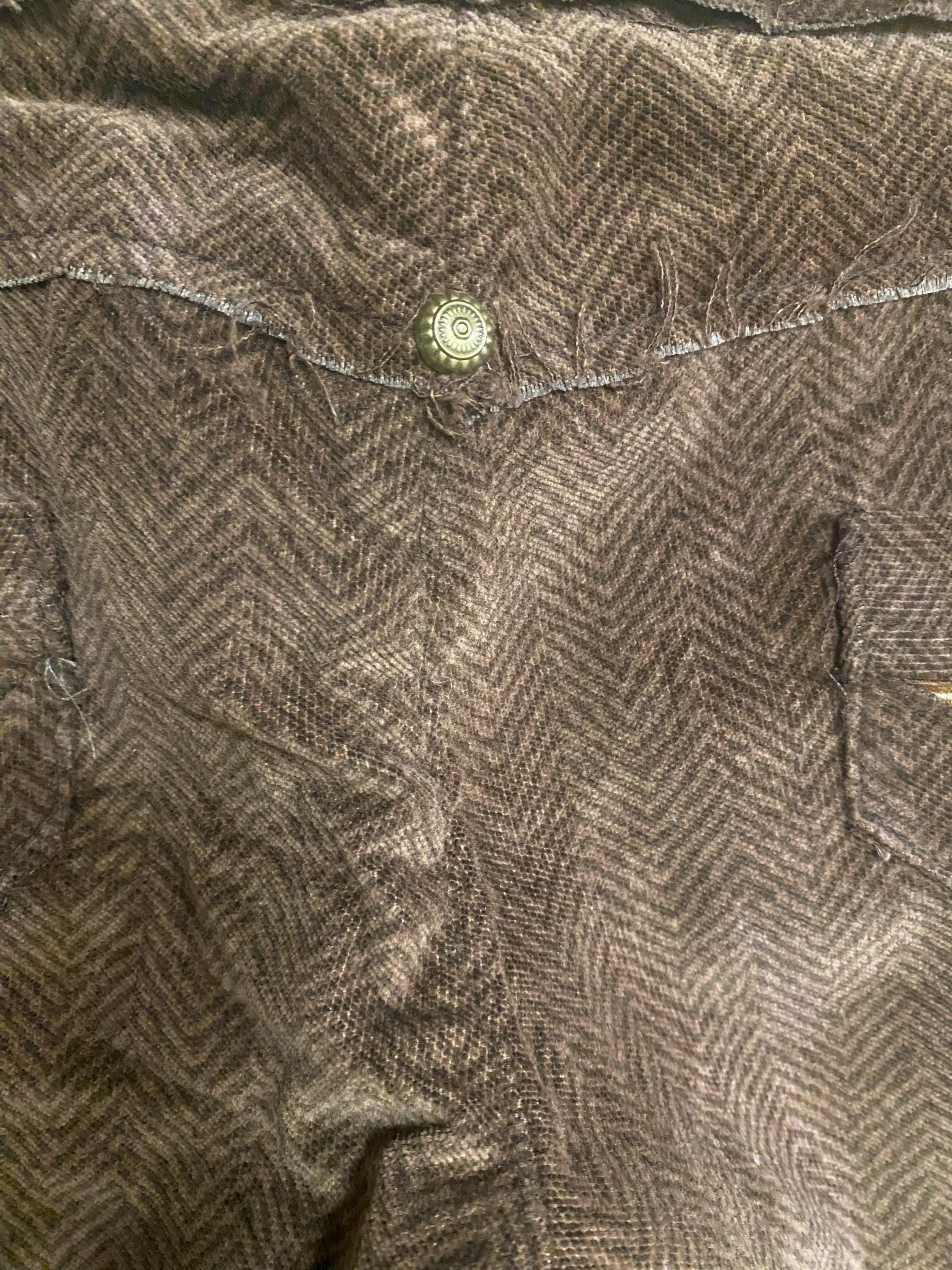 Threads of Creation Handmade Herringbone Corduroy Pants | Screenprinted Organic Pattern | Ruched Skinny Pants with Guatemalan Textile Accent