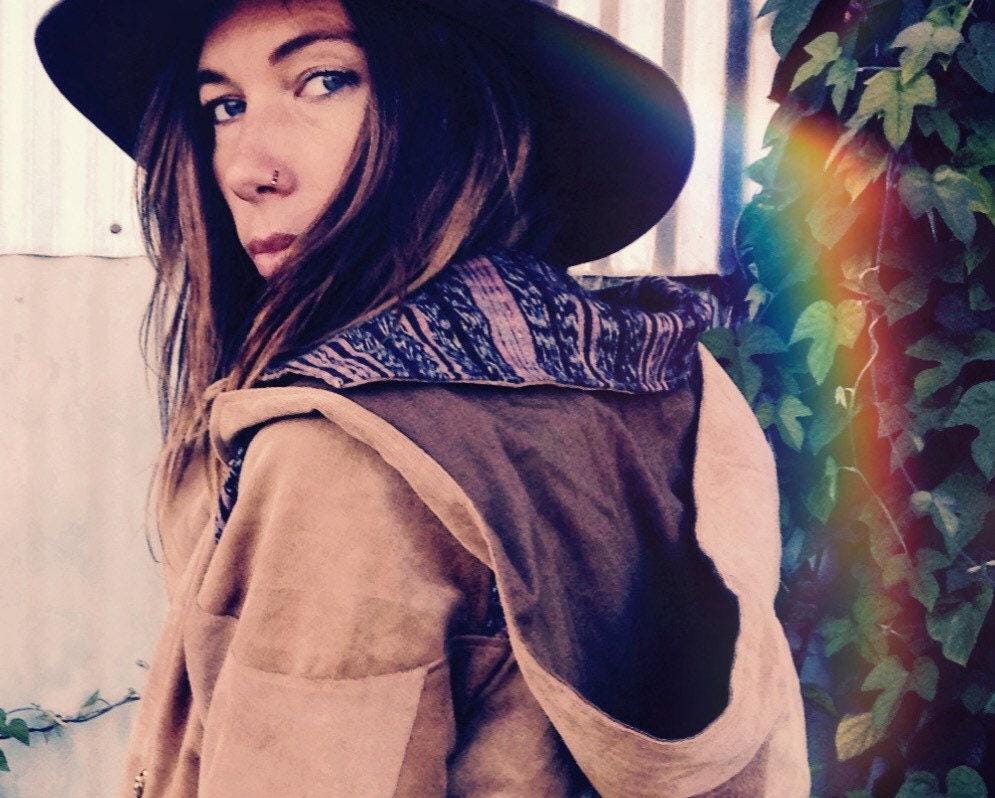 Golden Tone Handmade Biker Style Jacket with Zip Off Hood and Embroidery