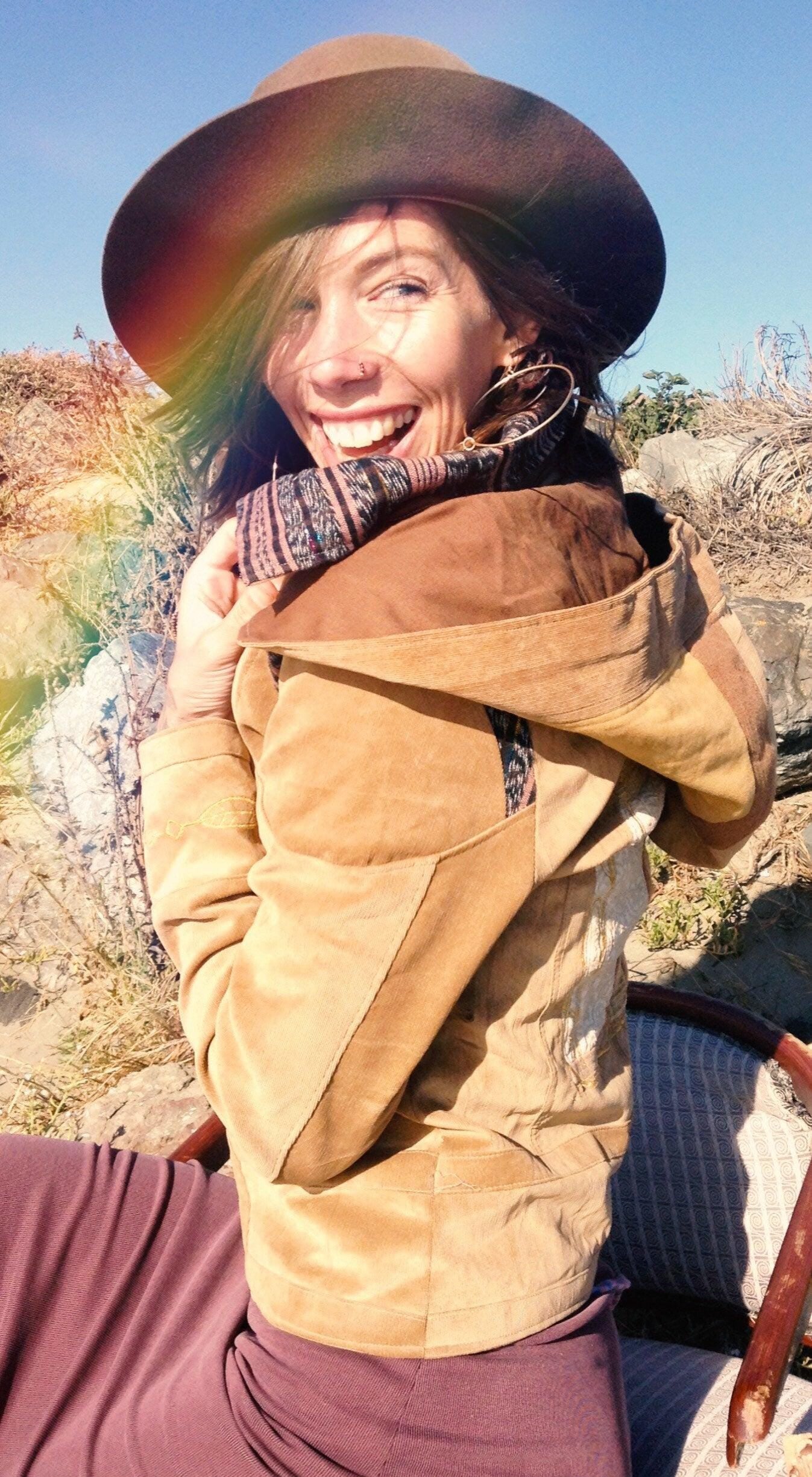 Golden Tone Handmade Biker Style Jacket with Zip Off Hood and Embroidery