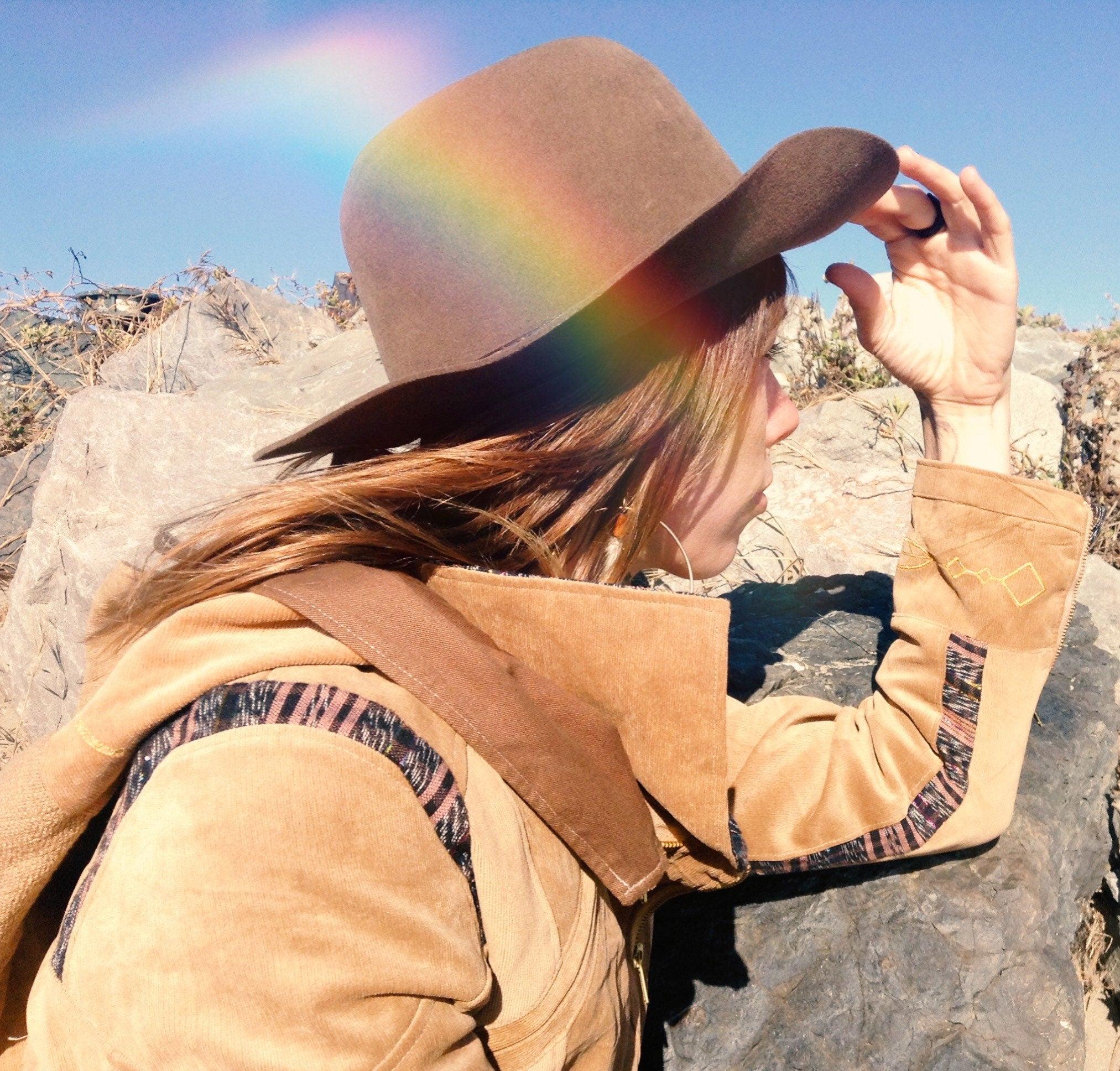 Golden Tone Handmade Biker Style Jacket with Zip Off Hood and Embroidery